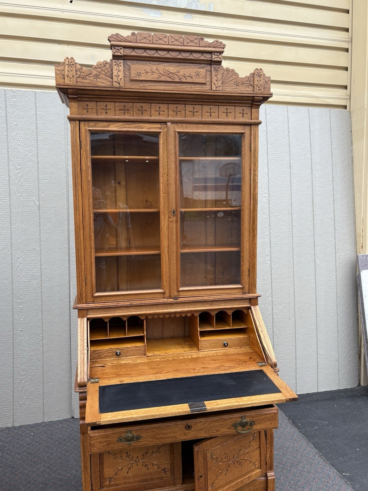 67028 Antique Victorian Oak Secretary Desk w/ Bookcase Top