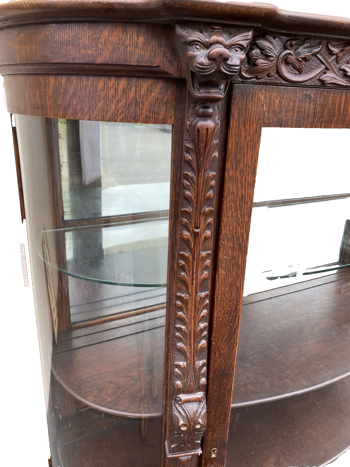 63537 Antique Victorian Oak Hand Carved Bow Glass Lion Head Curio China Cabinet