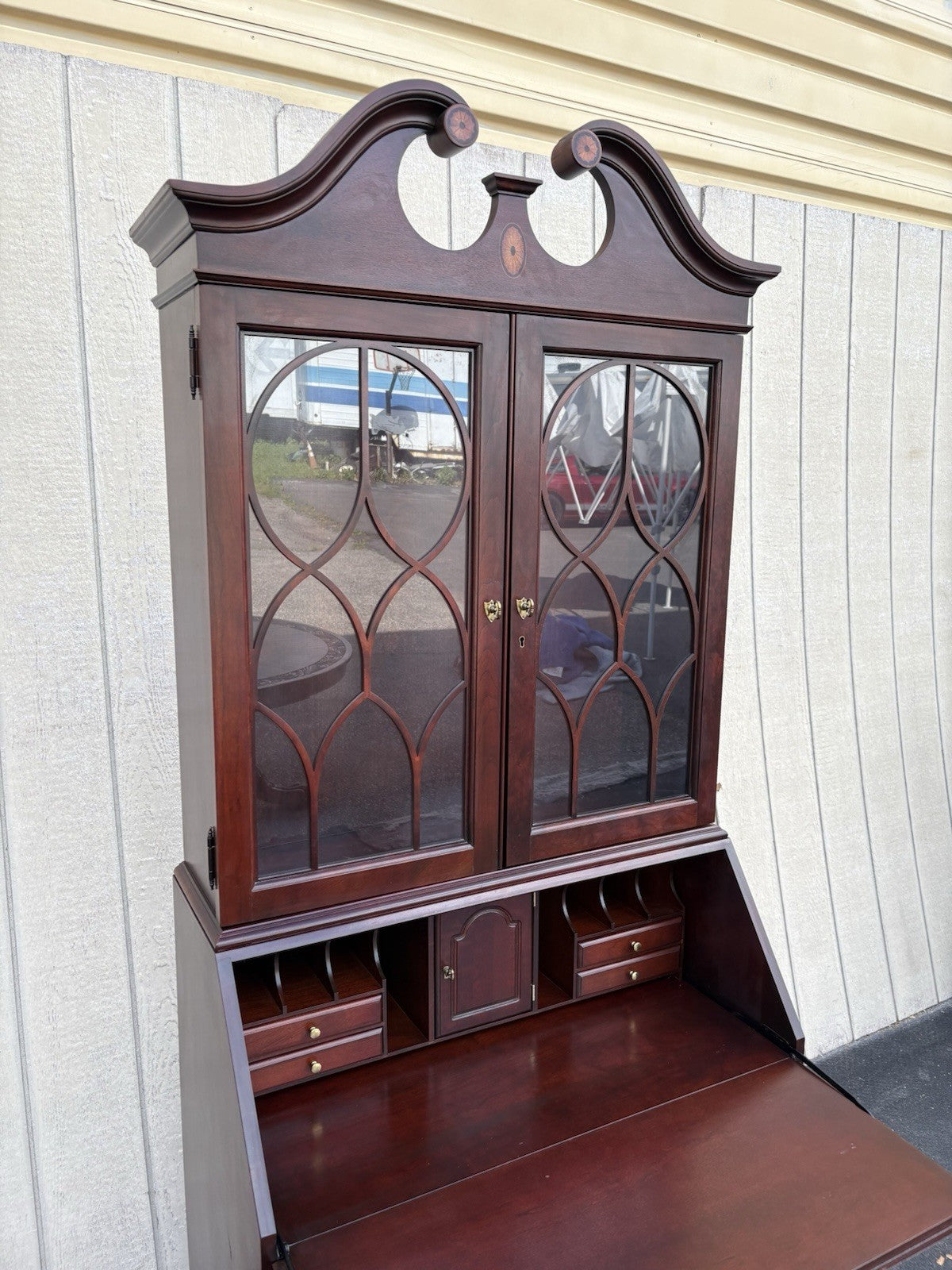 66641   Inlaid Mahogany Jasper Furniture Secretary Desk w/ Bookcase Top