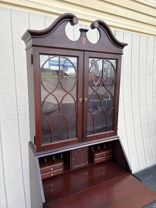 66641   Inlaid Mahogany Jasper Furniture Secretary Desk w/ Bookcase Top