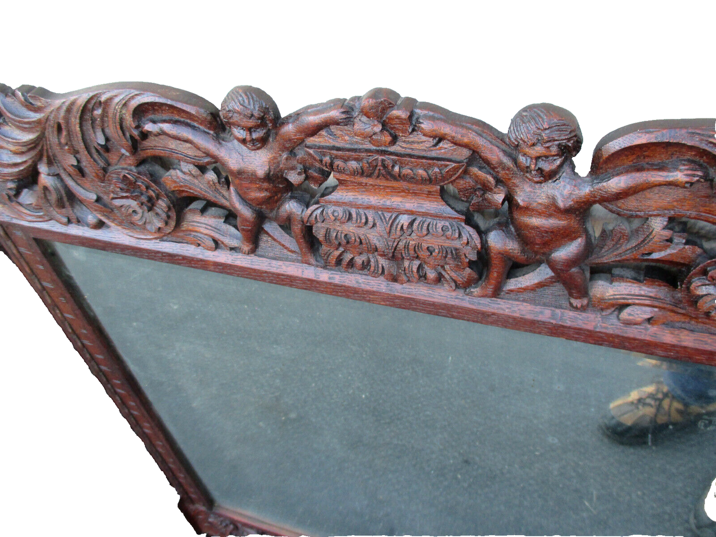 64039   Antique Oak Hand Made Mirror with Cherub Carvings