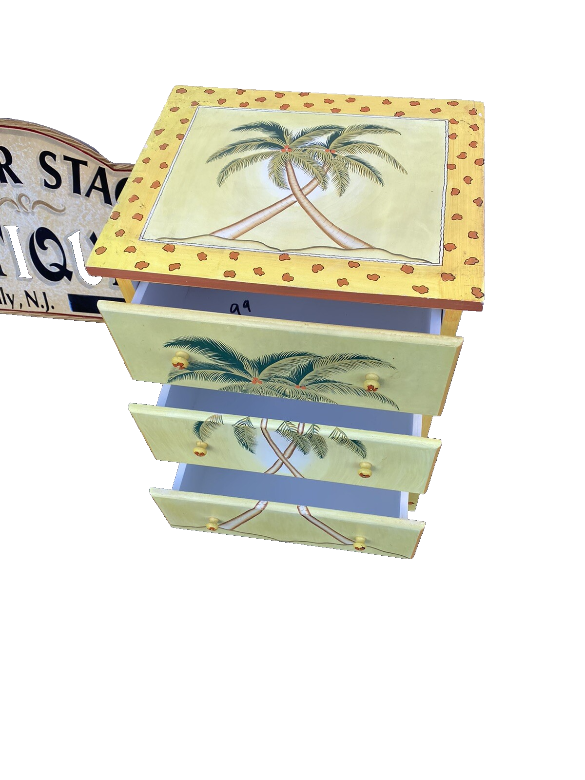 64930 Decorator Tropical Hand Painted Palm Trees Nightstand End Table