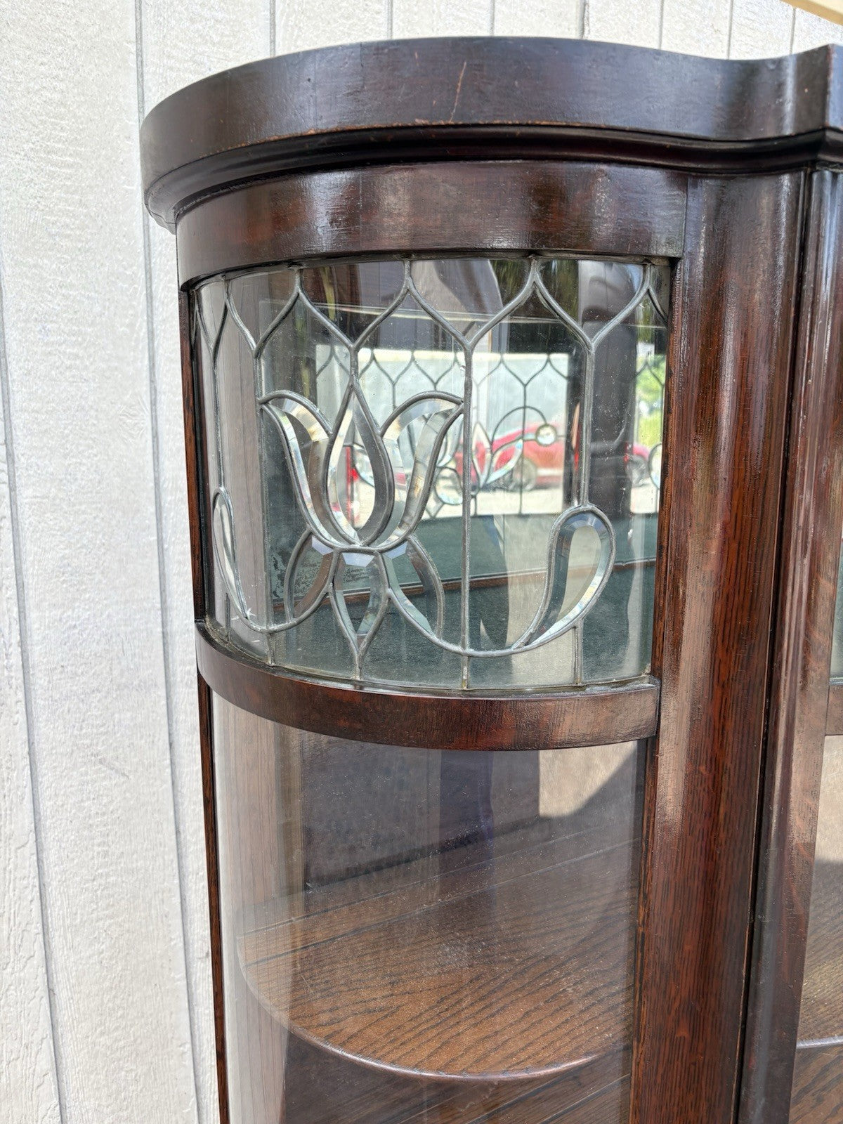 66903   Antique Victorian Oak Leaded Glass Bow Glass Curio China Cabinet