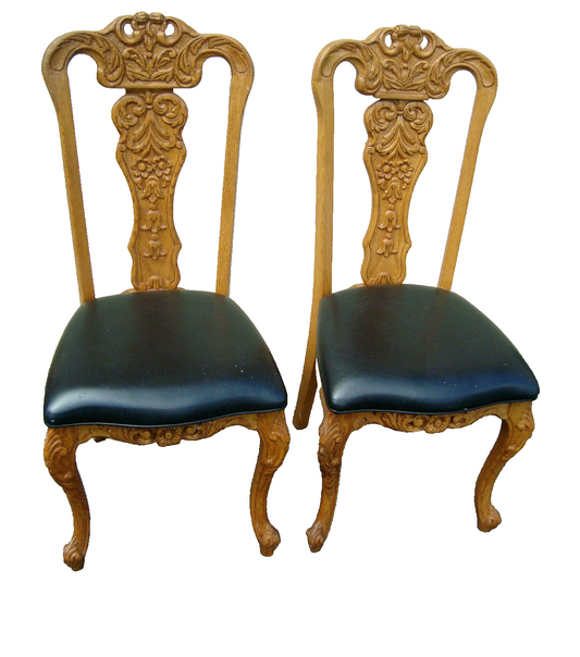 61327  Pair Solid Hand Carved Oak Dining Accent Chairs MONA LISA FURNITURE ??