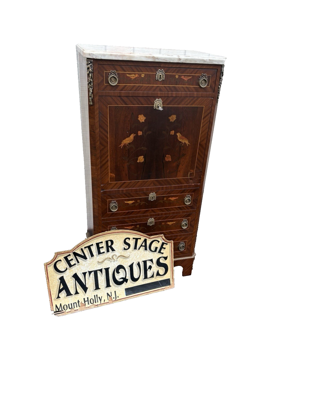 66581   Inlaid Marble Top  Louis XV Slant Front Desk Cabinet