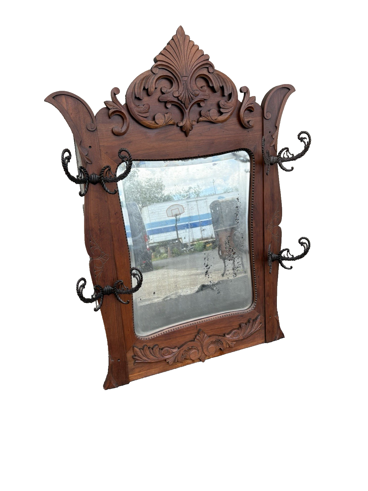 66724 Antique Victorain Mirror with 4 Hooks to hang coats hats Hatrack Coattree