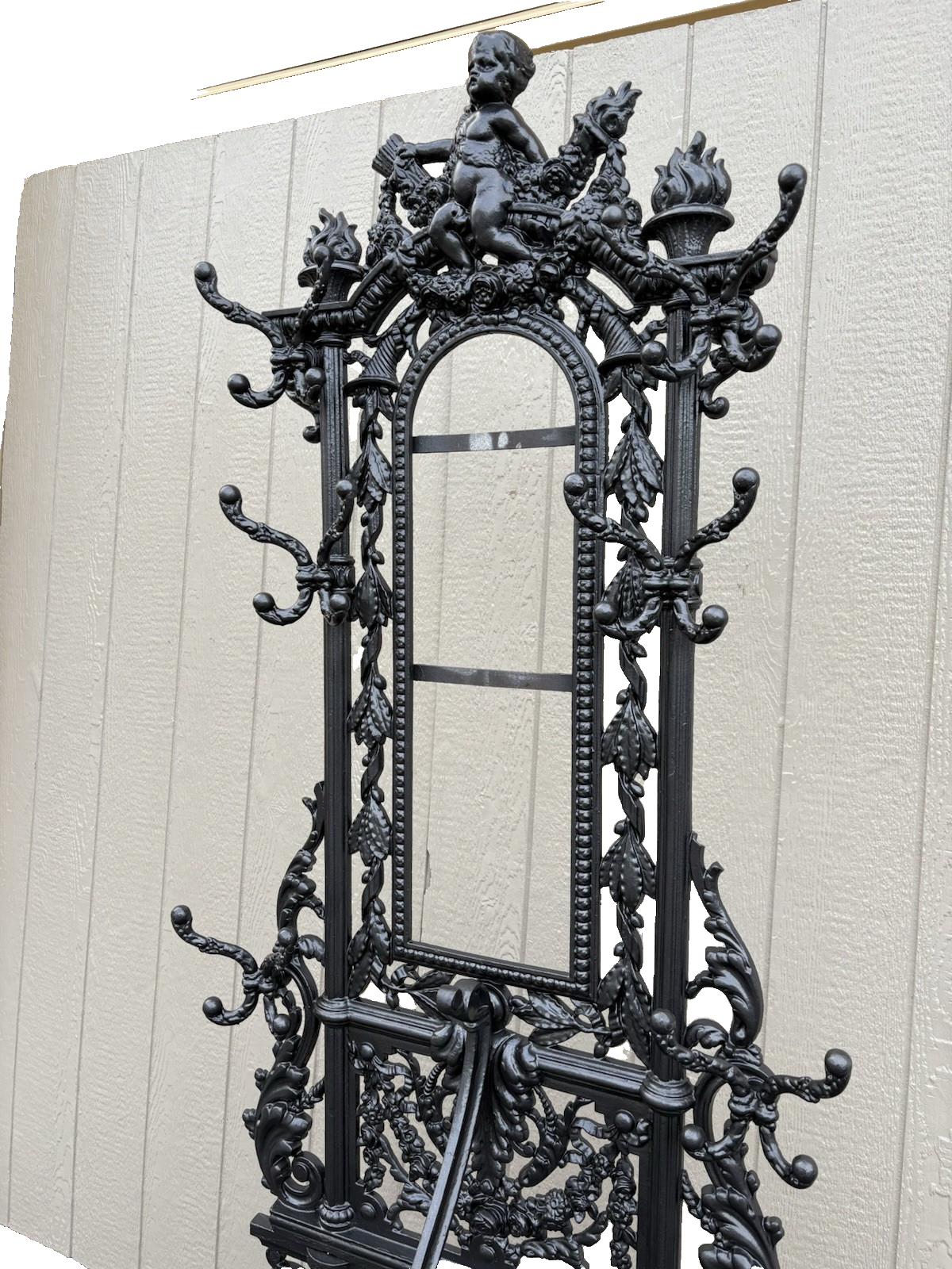 65703 Antique Victorian Cast Iron Hat Rack Halltree with Mirror Cherub and lion