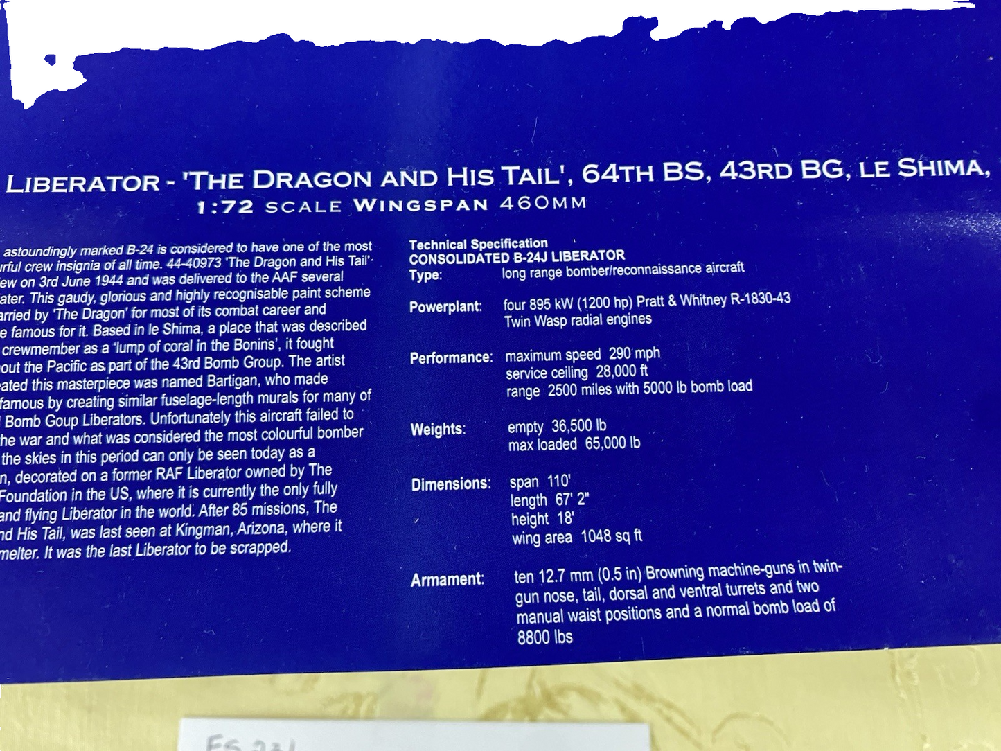 ES 231: Corgi B24 J Liberator Dragon and  his tail diecast Airplane AA34001