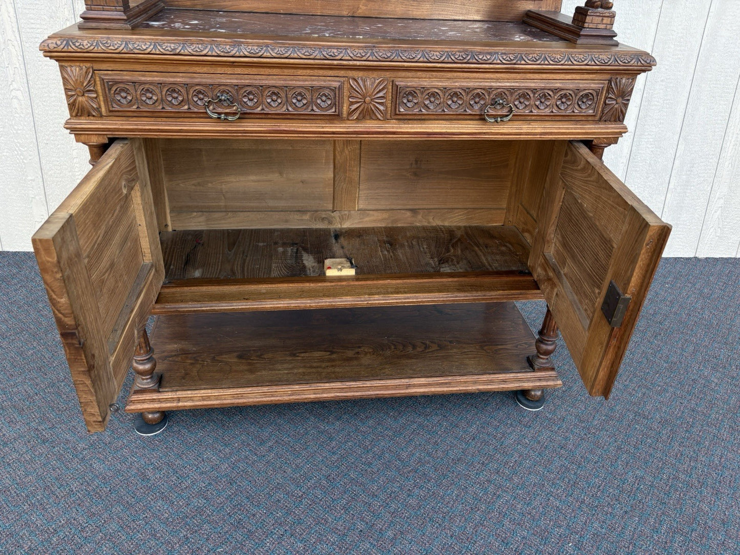 67011 Antique French Marble Top Buffet Sideboard Cabinet