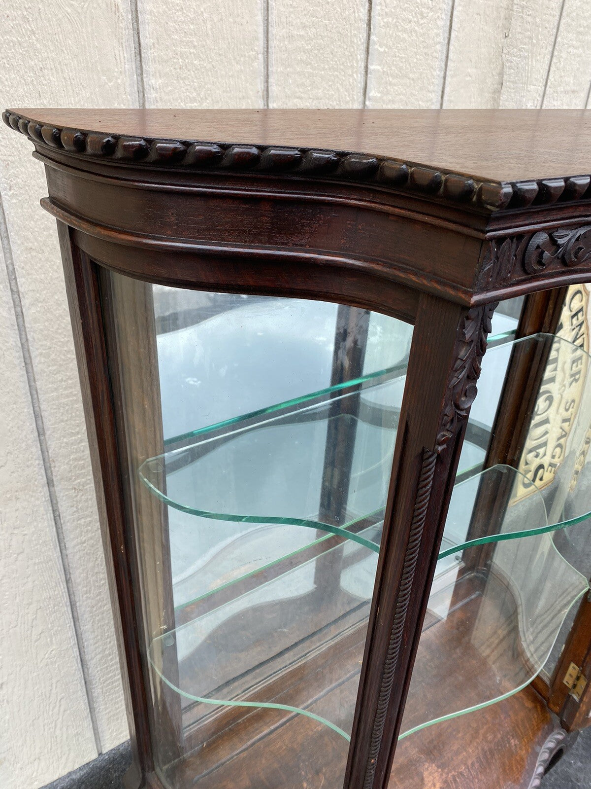 66107   Antique Victorian Oak Serpentine Curio China Cabinet