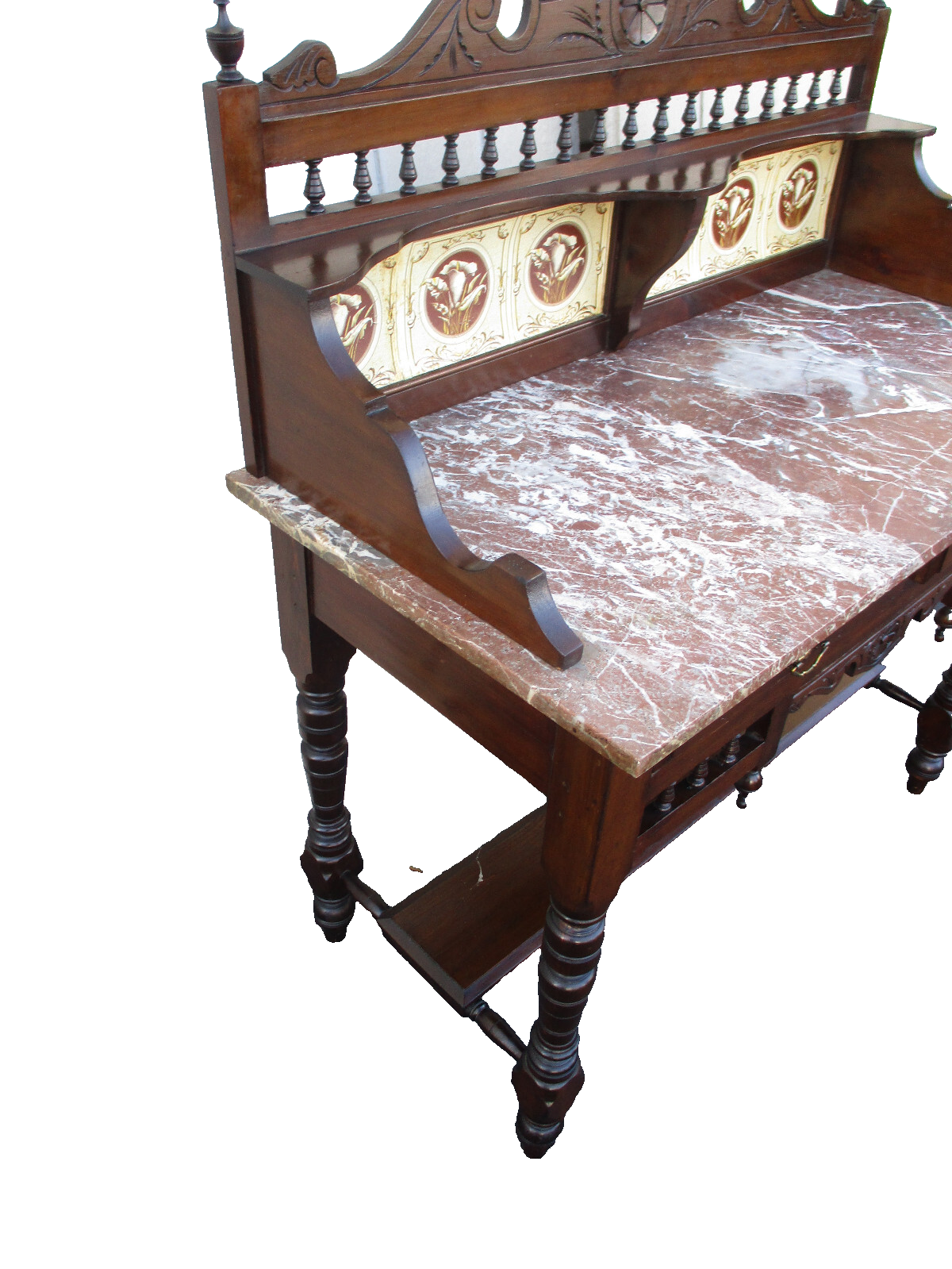 64037  Antique Victorian Marble Top Tile Back Washstand Chest Dresser