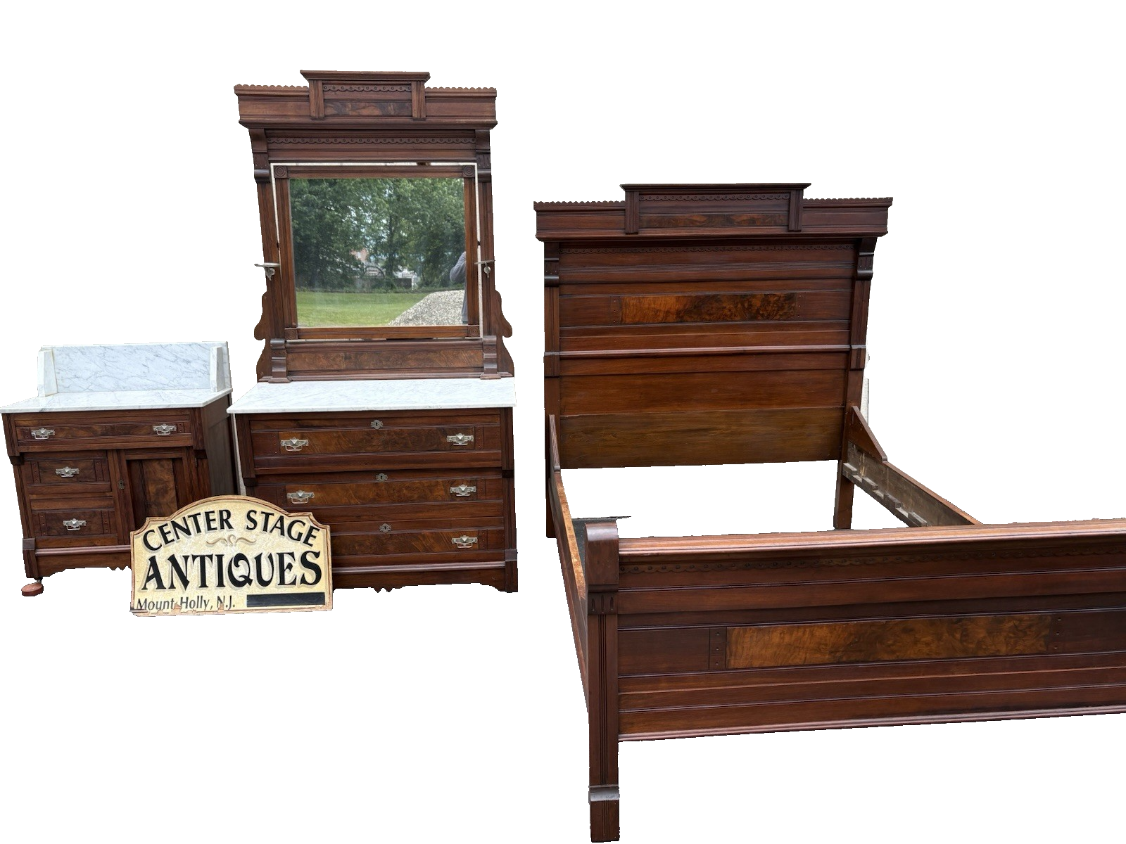 65728 Antique Victorian Bedroom Set Full Size Bed Dresser w/ Mirror + Washstand