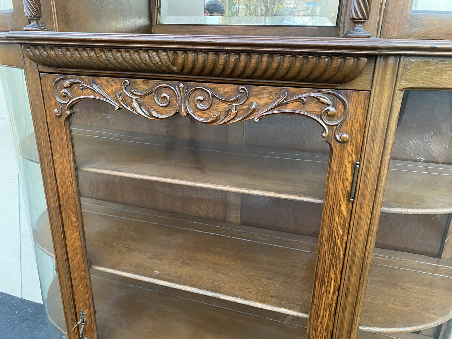 66071   Antique Victorian Hand Carved Oak Bow Glass Curio Cabinet