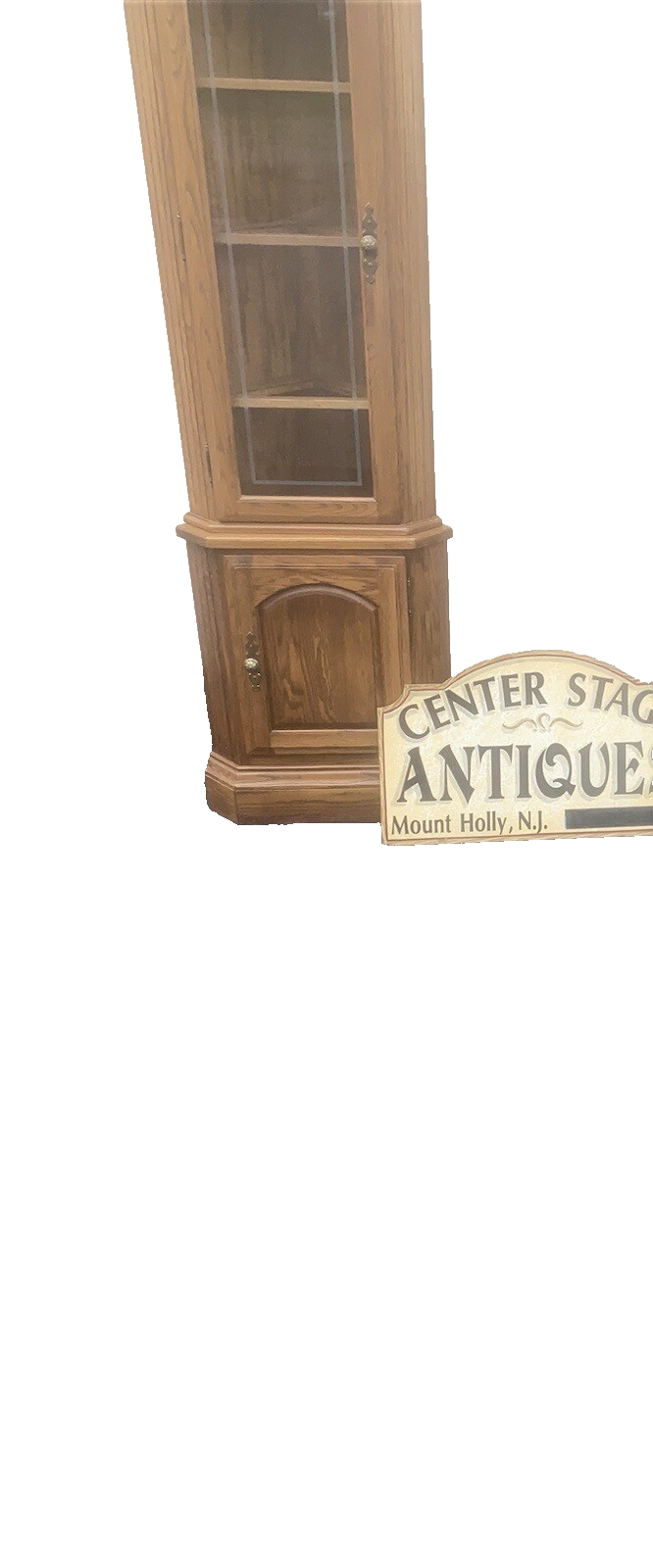 64573  PAIR Oak Corner Cabinet Curio s  With 3 wood and glass shelves each