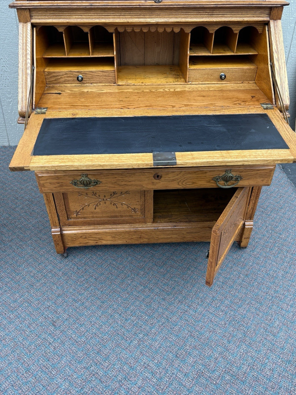 67028 Antique Victorian Oak Secretary Desk w/ Bookcase Top
