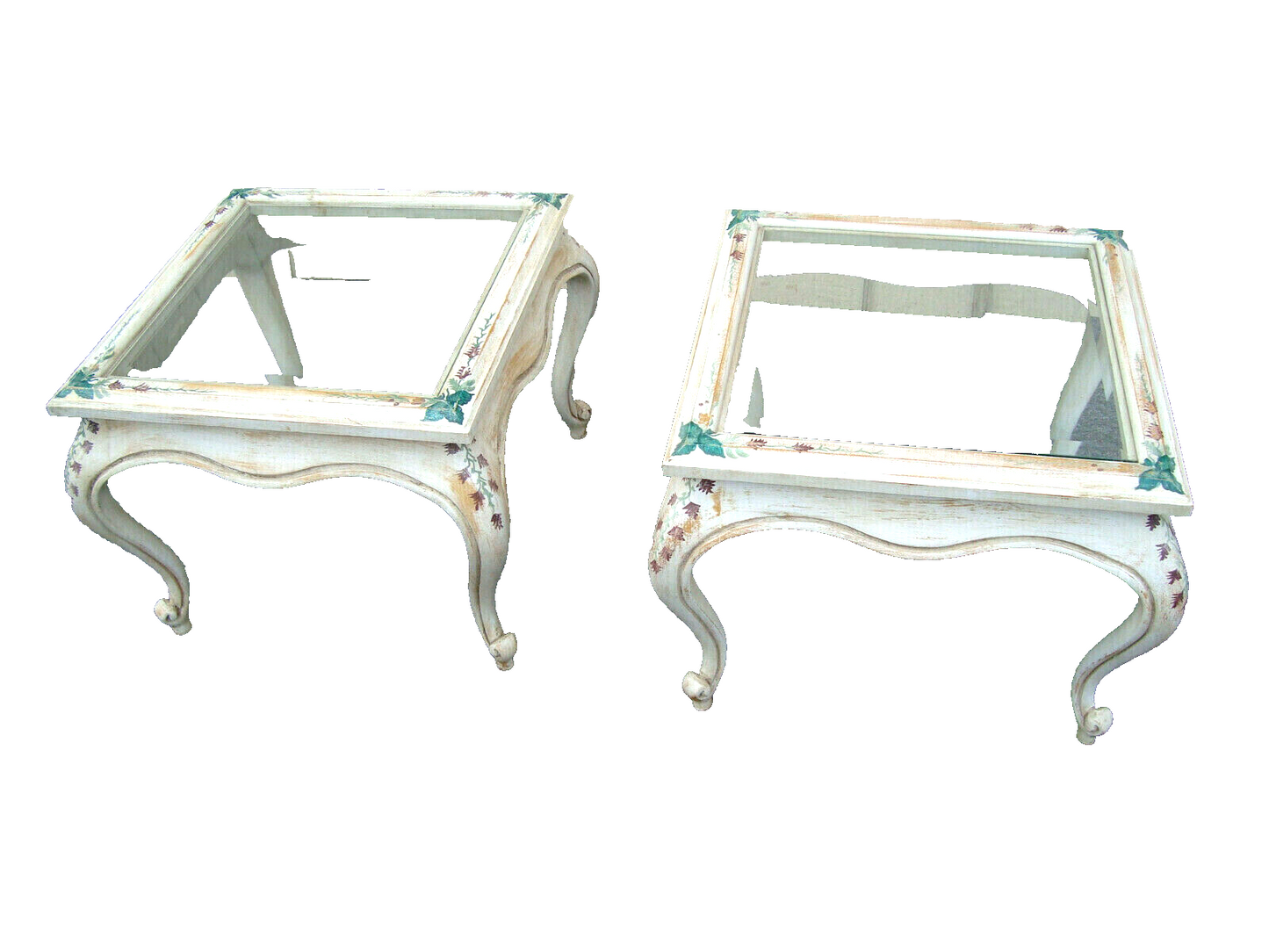 61856   Pair Glass Top Custom Hand Painted  Decorator Coffee Table Nightstands