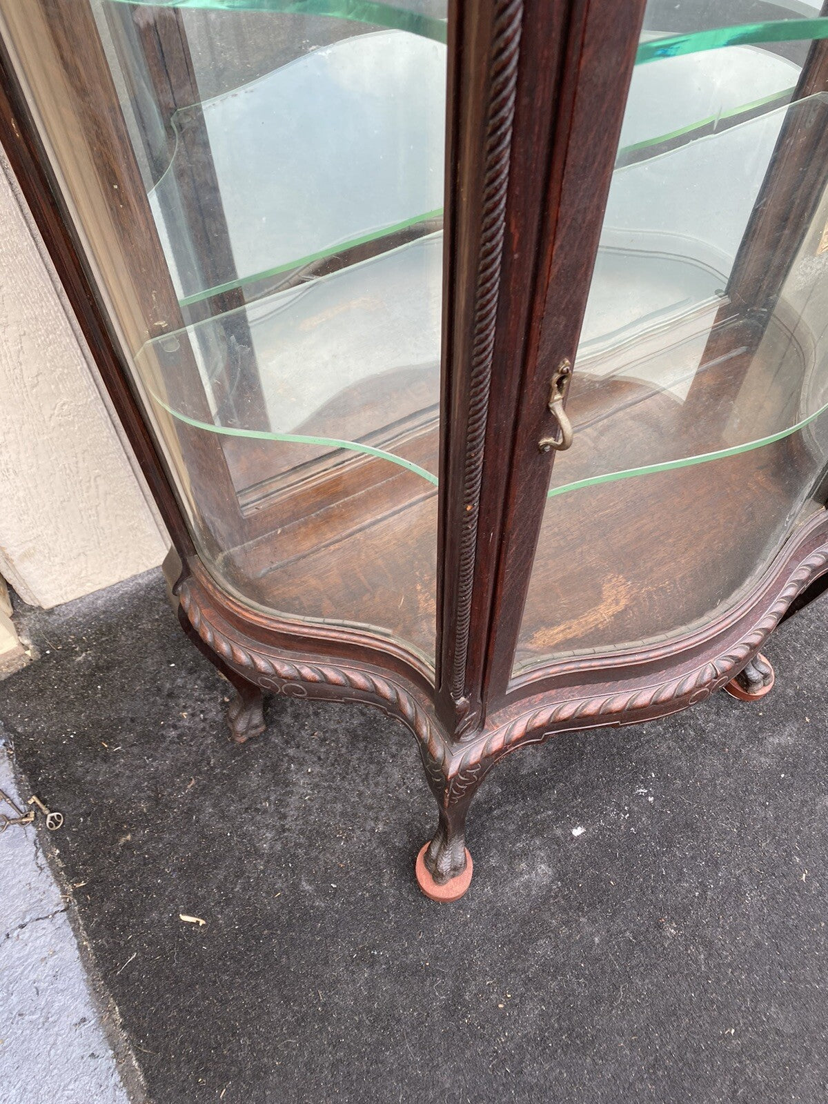 66107   Antique Victorian Oak Serpentine Curio China Cabinet