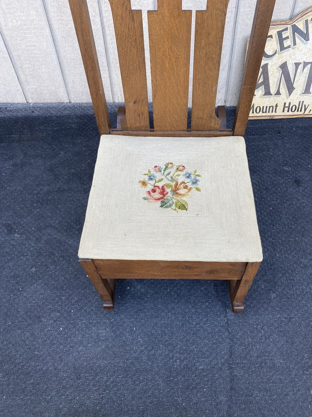 64507    Mission Oak  Rocking Rocker Chair w/ Sewing Drawer + Needlepoint seat