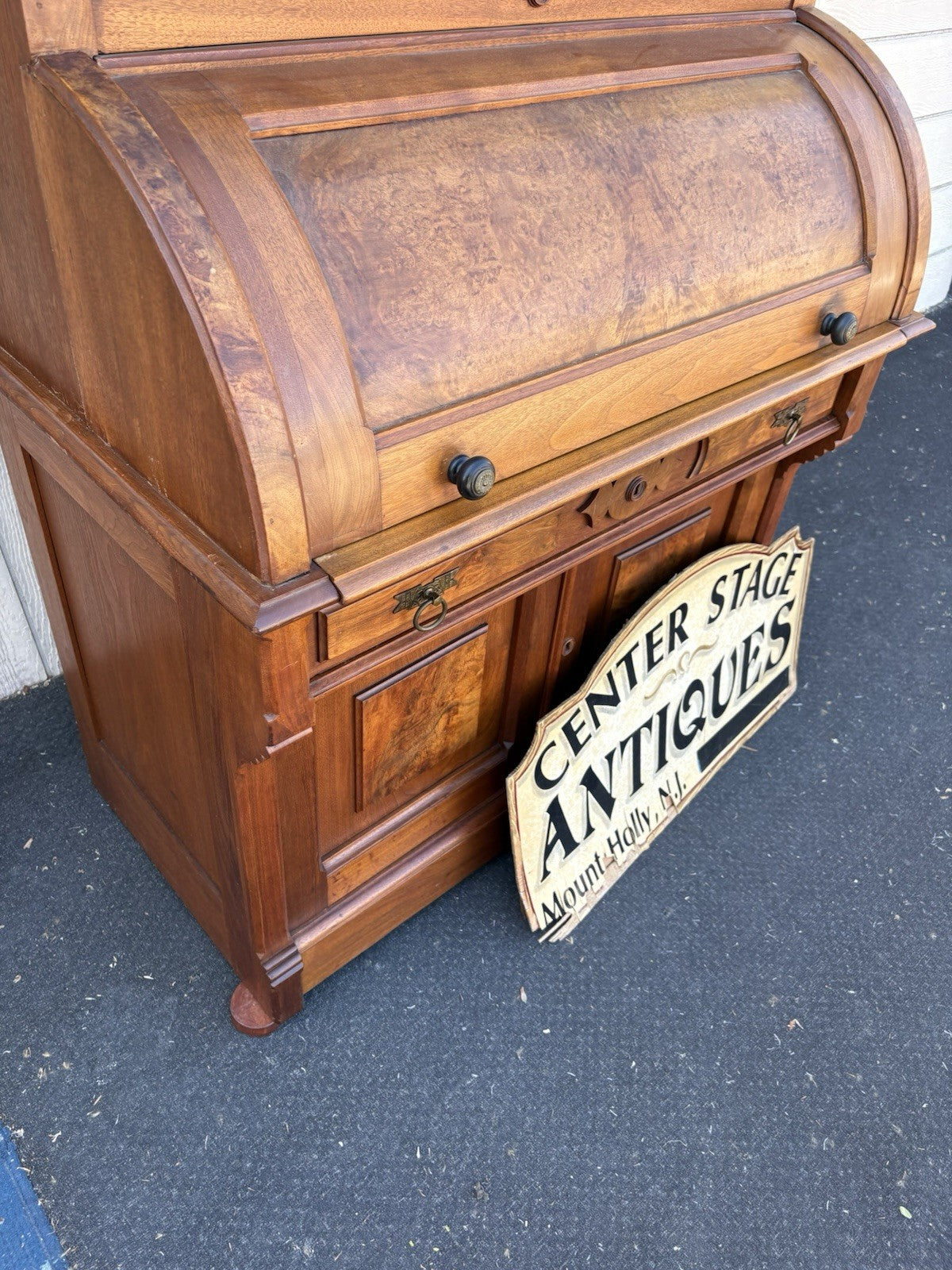 66644 Antique Victorian Walnut Cylinder Desk with Bookcase Top
