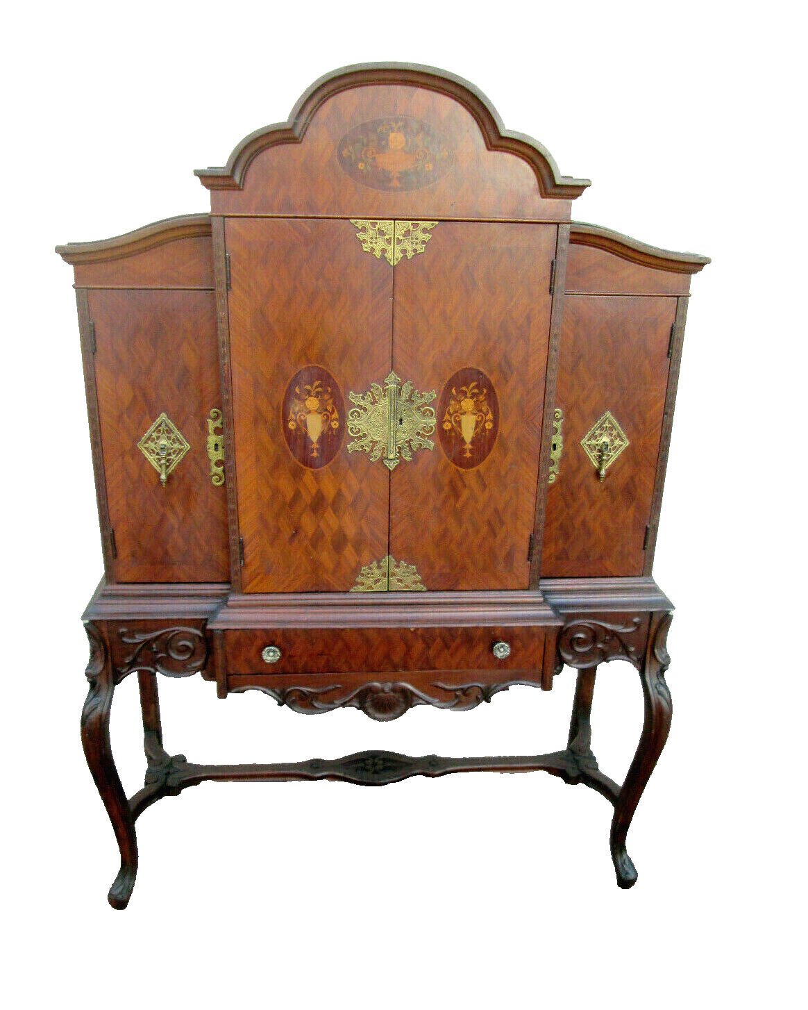 56654 Vintage French Inlaid Urns China Bar Cabinet Curio