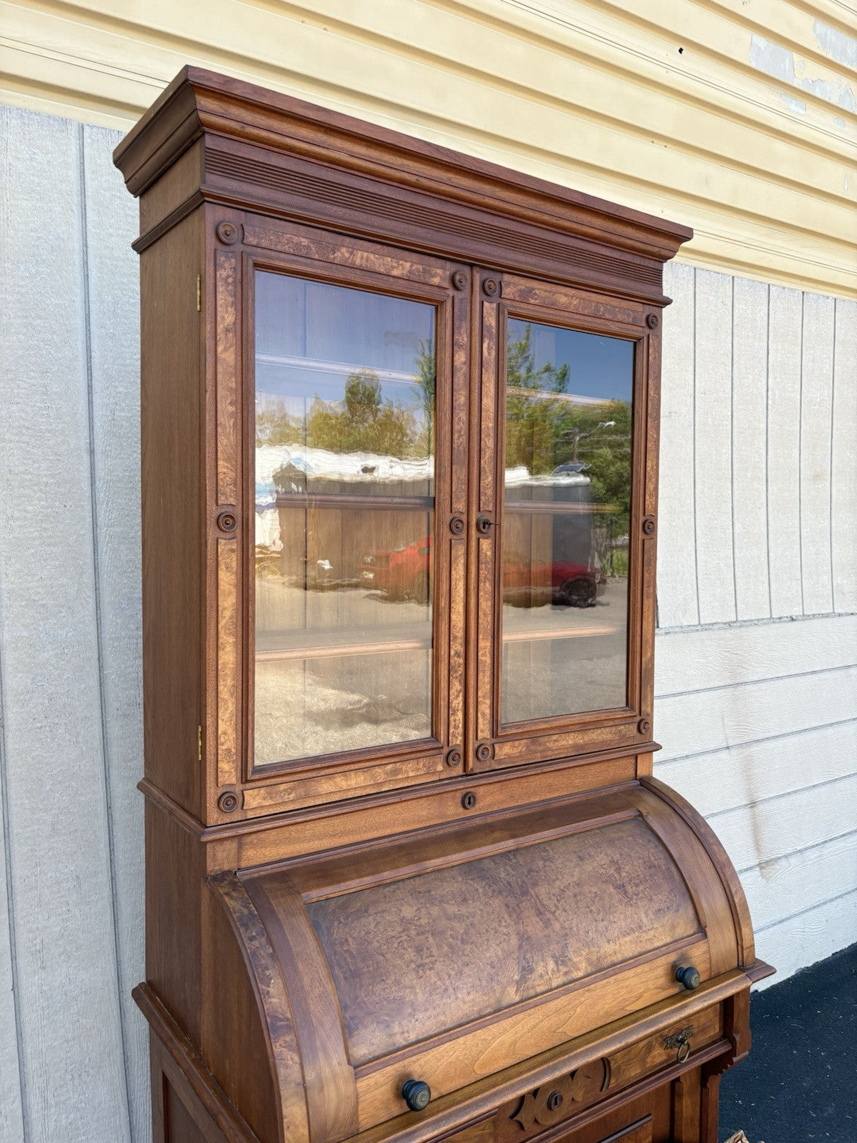 66644 Antique Victorian Walnut Cylinder Desk with Bookcase Top