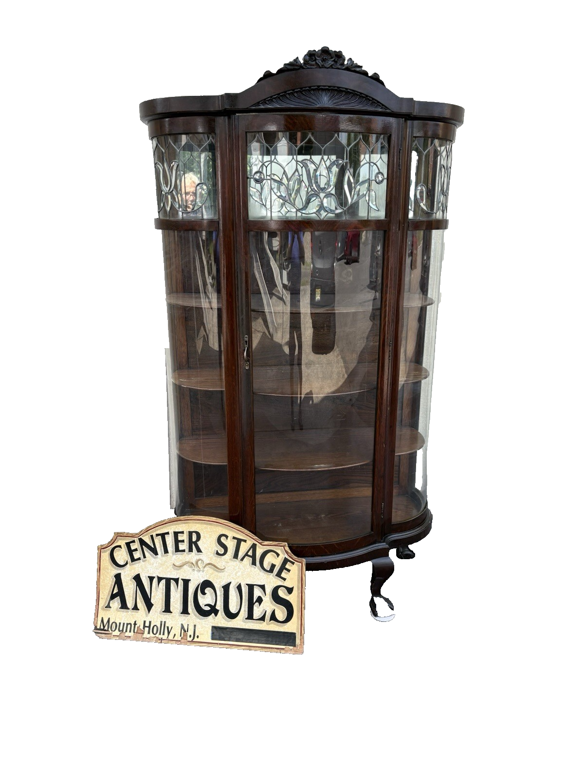 66903   Antique Victorian Oak Leaded Glass Bow Glass Curio China Cabinet