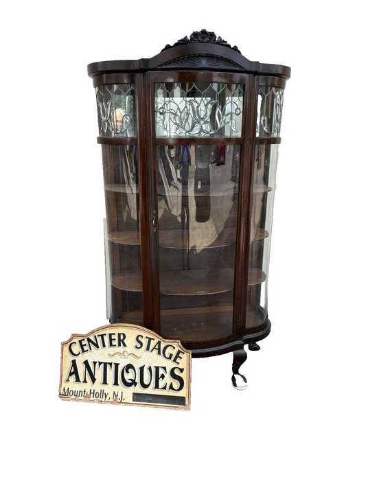 66903   Antique Victorian Oak Leaded Glass Bow Glass Curio China Cabinet