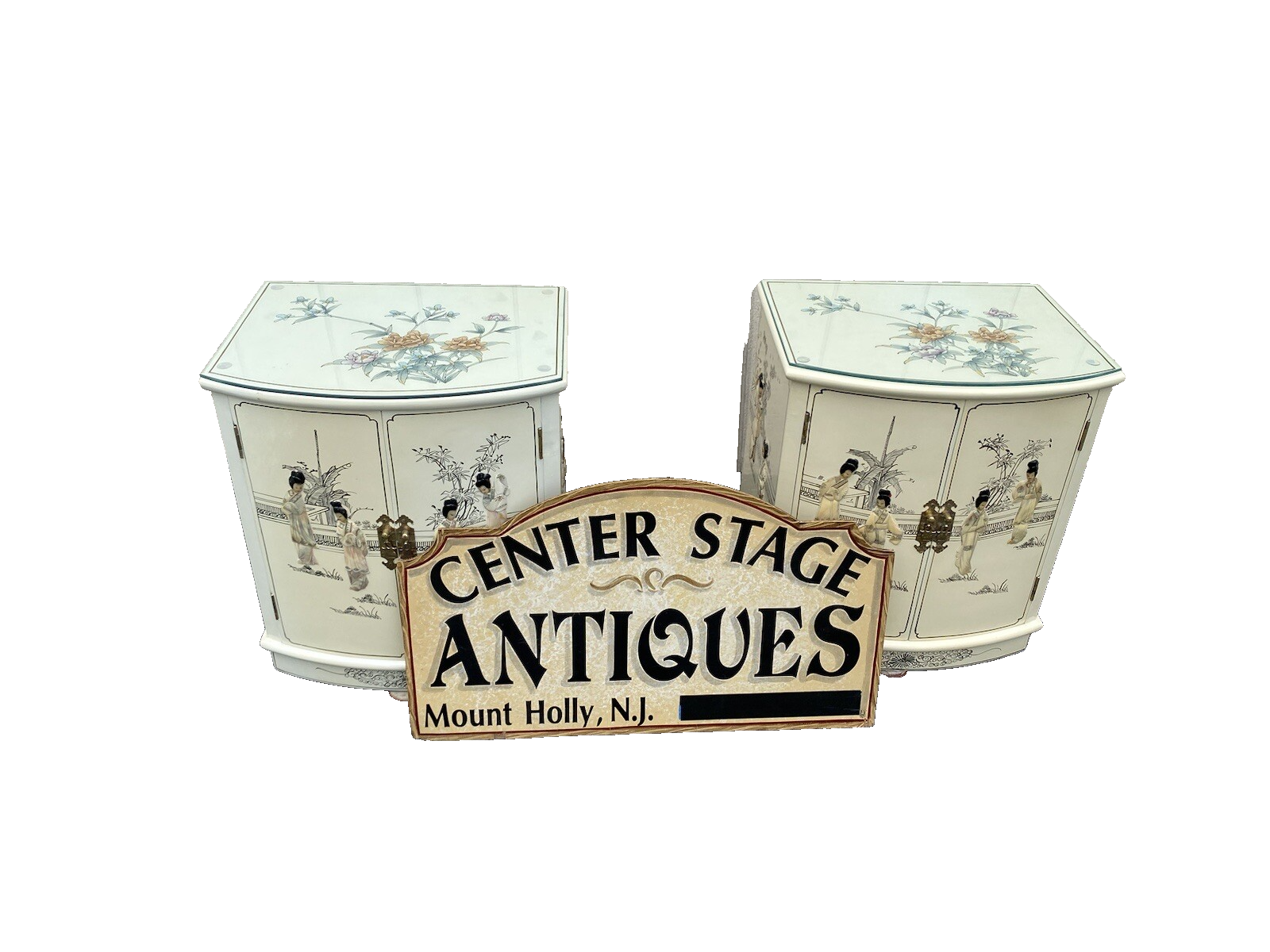 64600 PAIR  Bow Front Decorated Oriental Nightstands End Table s