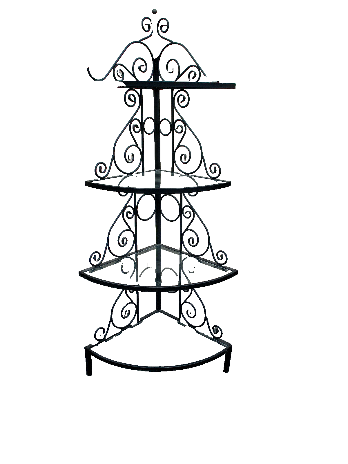 62802    QUALITY Iron Bakers Rack Corner Cabinet with Glass Shelves