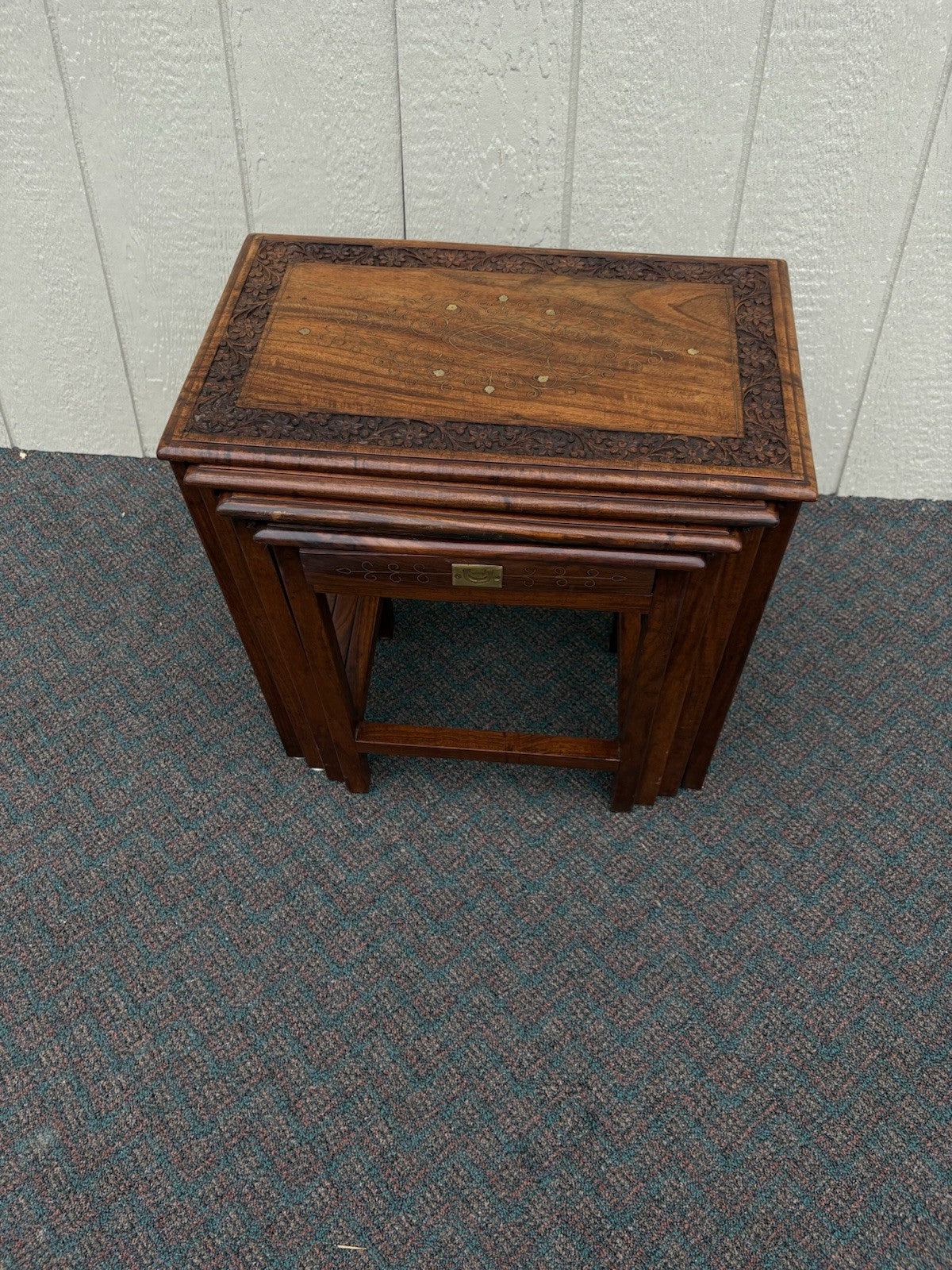 67039 Solid Mahogany Brass Inlaid Set of 4 Oriental Stacking Lamp  Table s