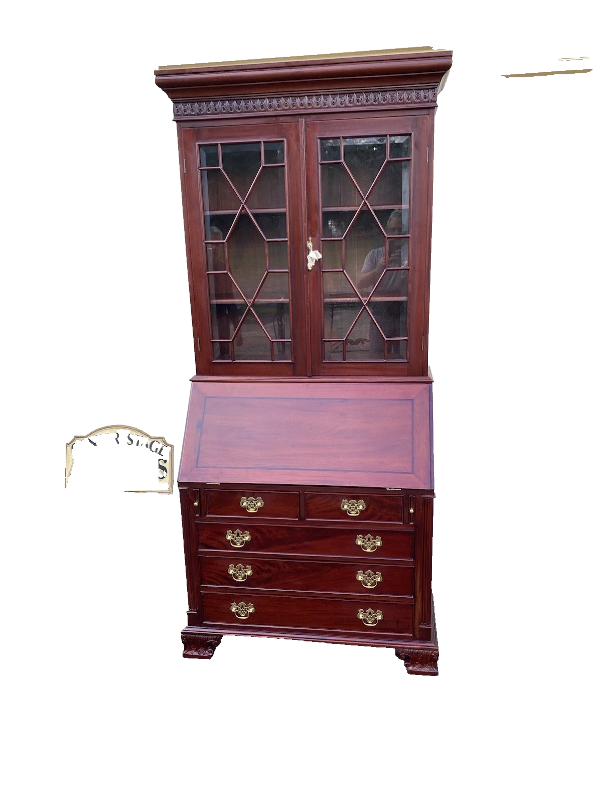 64897    Solid Mahogany 2 Piece Chippendale Secretary Desk w/ 2 Secret Drawers