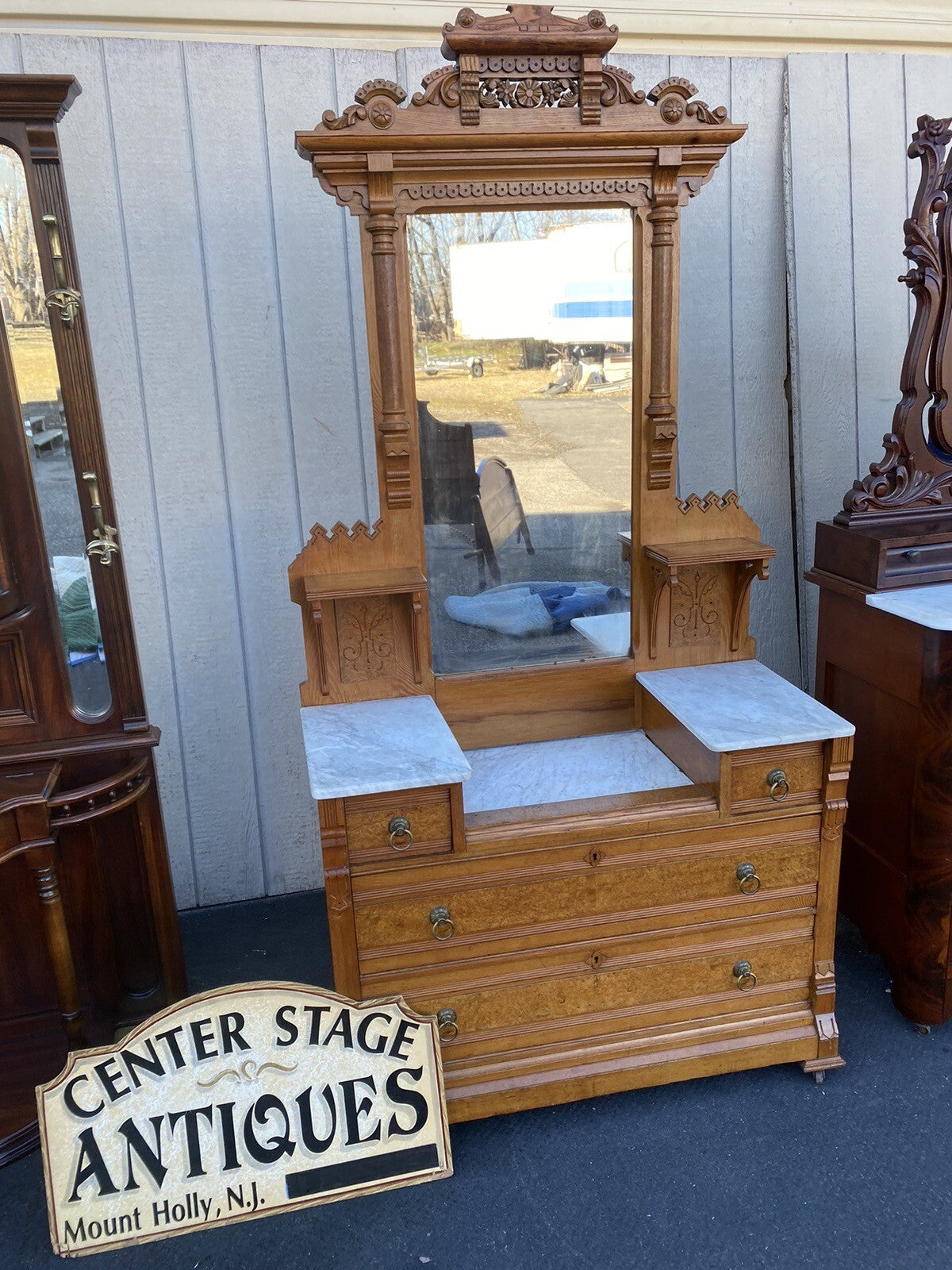 65166 Antique Victorian Oak Dresser with Mirror