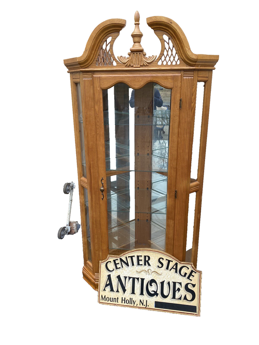 65091 Oak Corner Curio Cabinet with Plate Glass Shelves (BN 05)