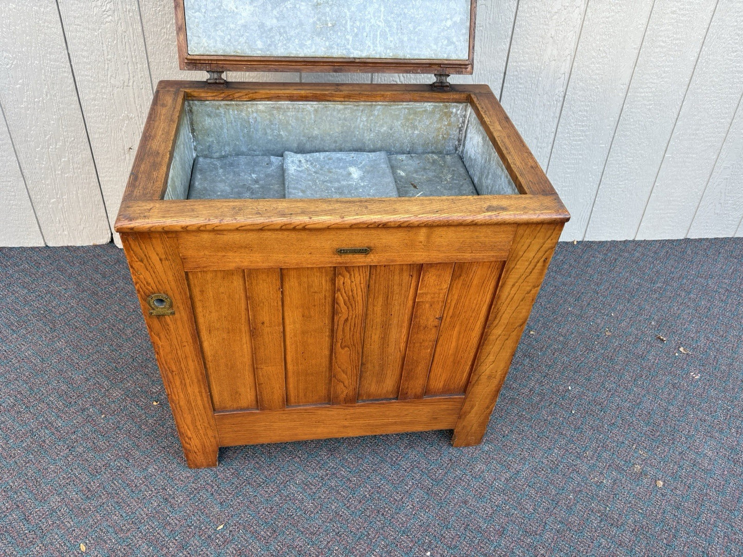 67160 Antique  BAMBERGER Victorian Oak Ice Box Refrigerator with Lift Top