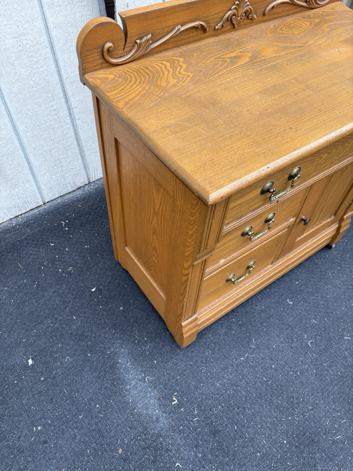 66730 Antique Victorian Oak Washstand Dresser Chest with Carved Backsplash
