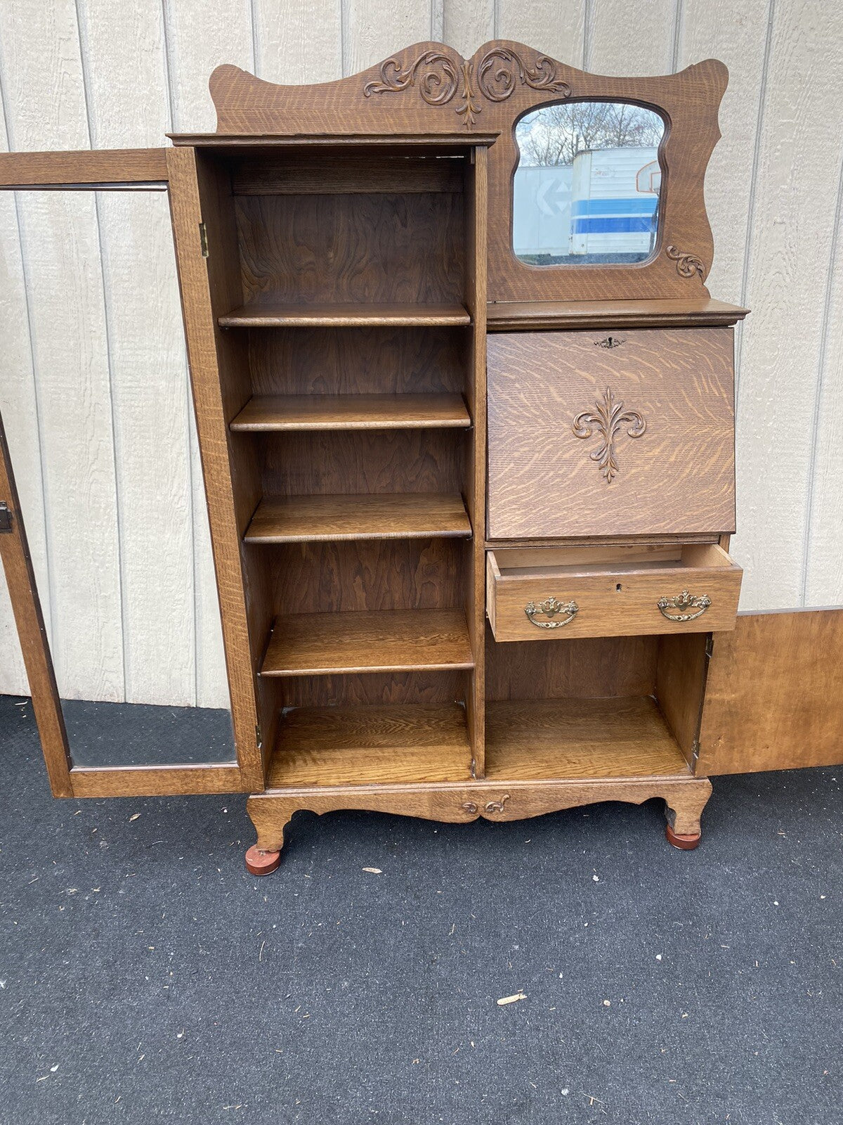 65325 Antique Oak Side By Side Bookcase Desk