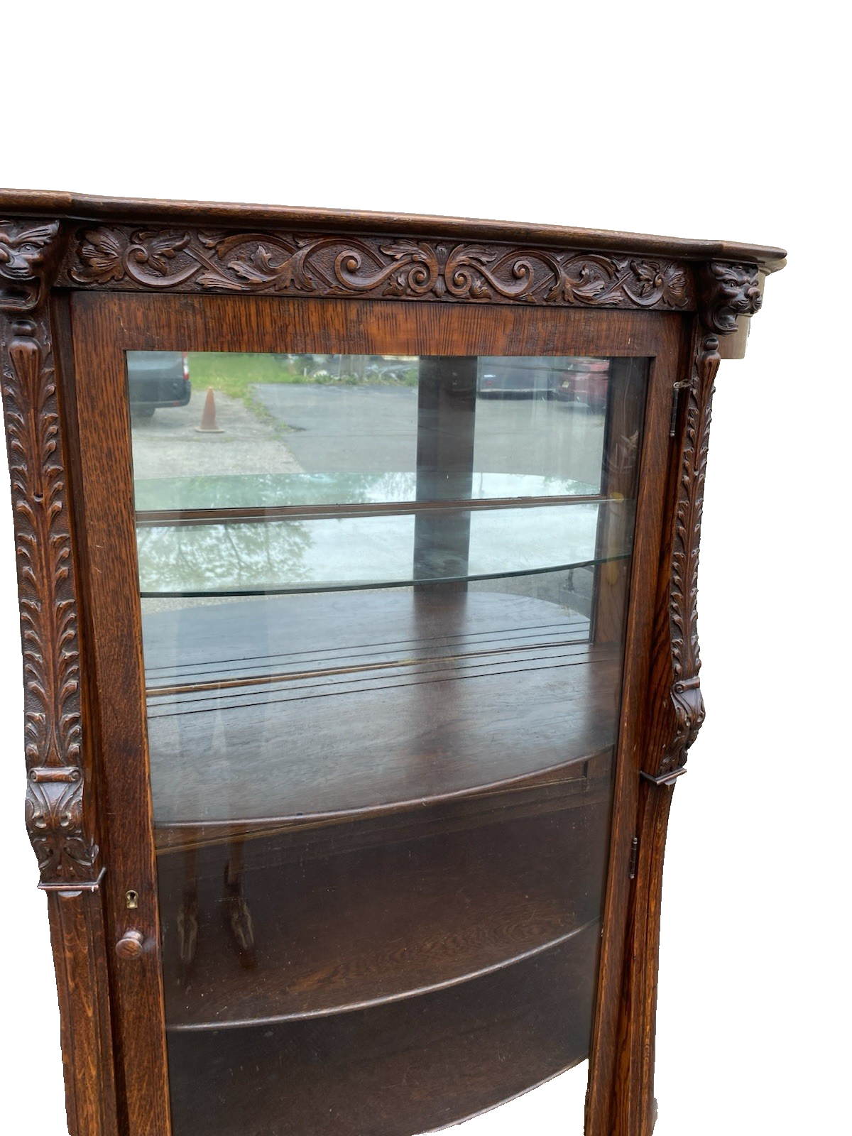 63537 Antique Victorian Oak Hand Carved Bow Glass Lion Head Curio China Cabinet