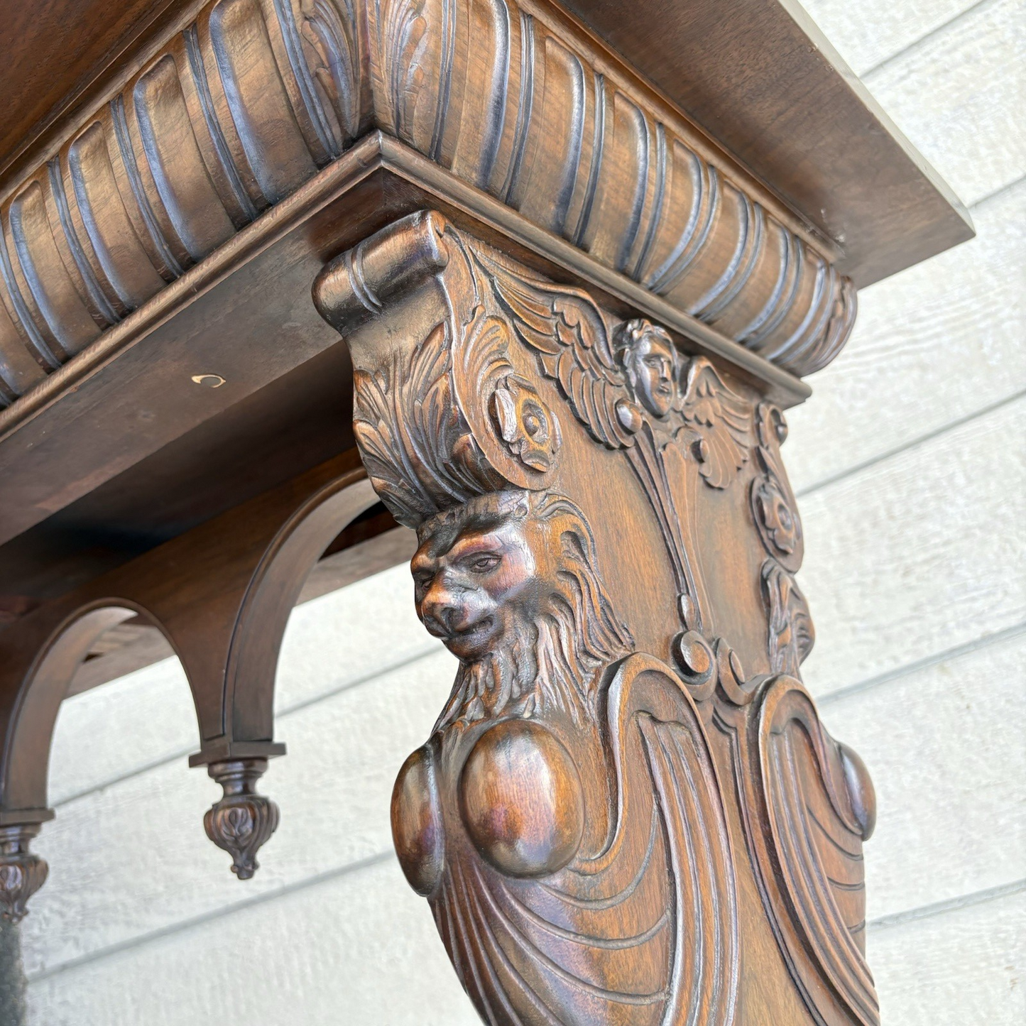 65236   Antique Solid Mahogany Hand Carved Figural Gryphon  Sofa Table Sideboard