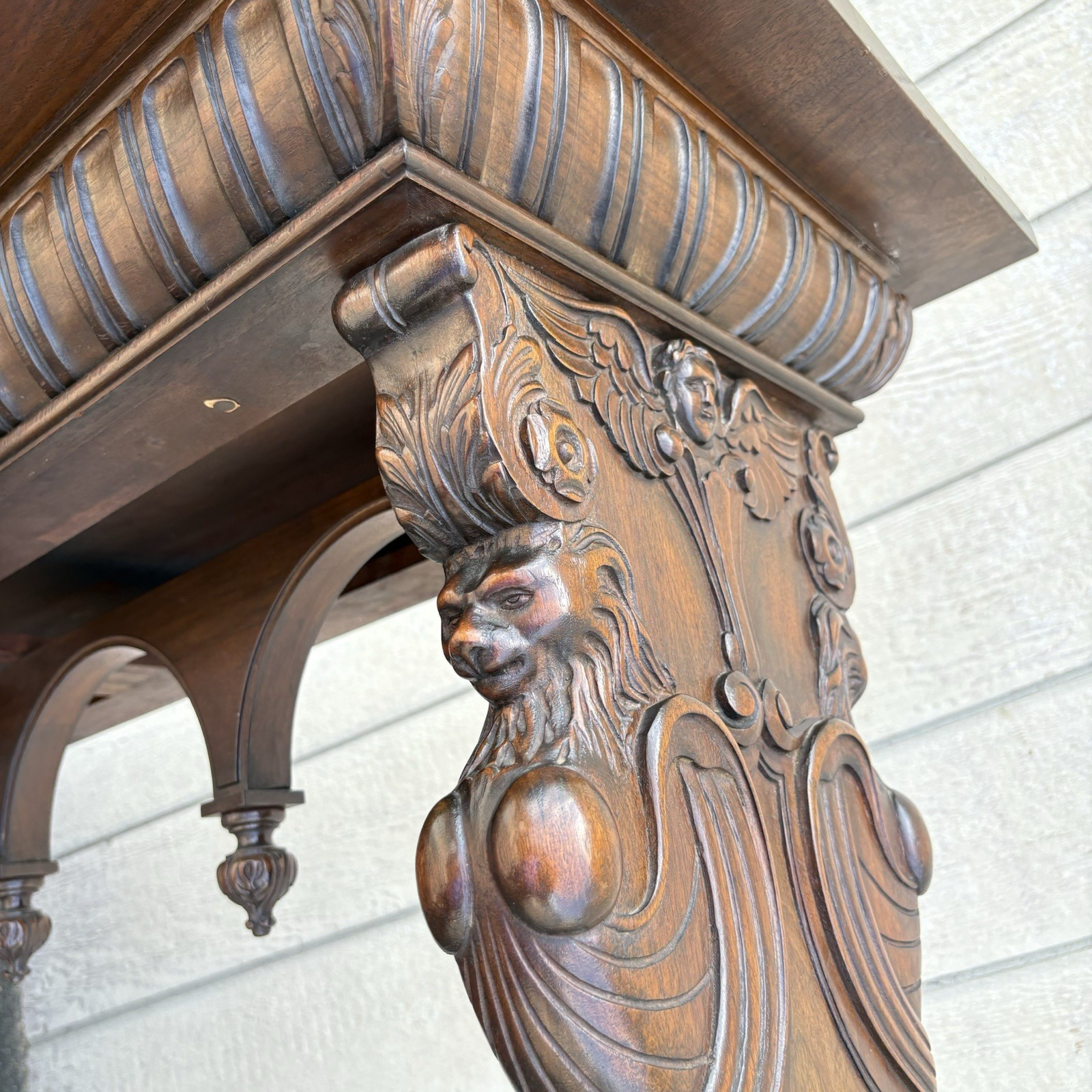 65236   Antique Solid Mahogany Hand Carved Figural Gryphon  Sofa Table Sideboard