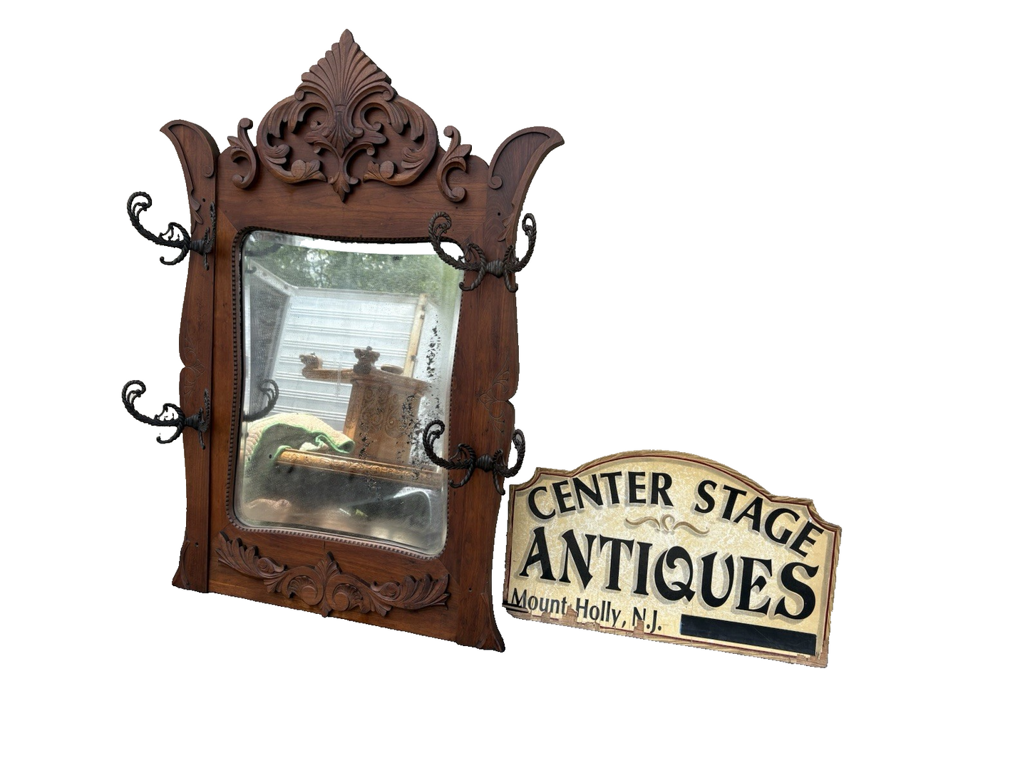66724 Antique Victorain Mirror with 4 Hooks to hang coats hats Hatrack Coattree