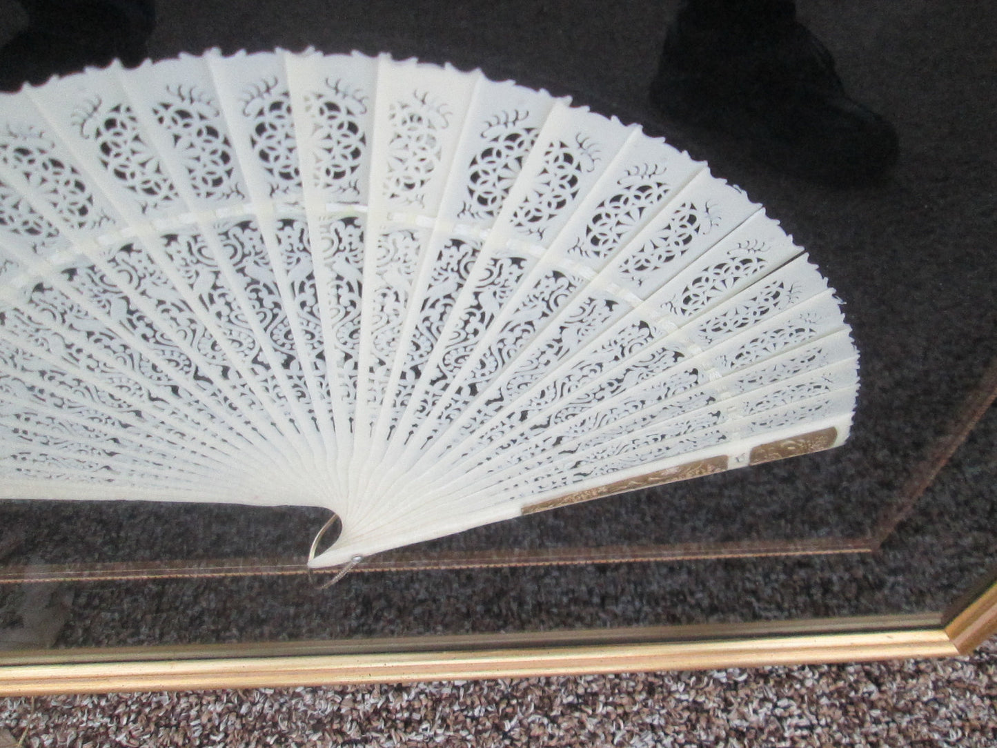 COL CW:    Decorative Celluloid Pierced Carved Fan in Frame