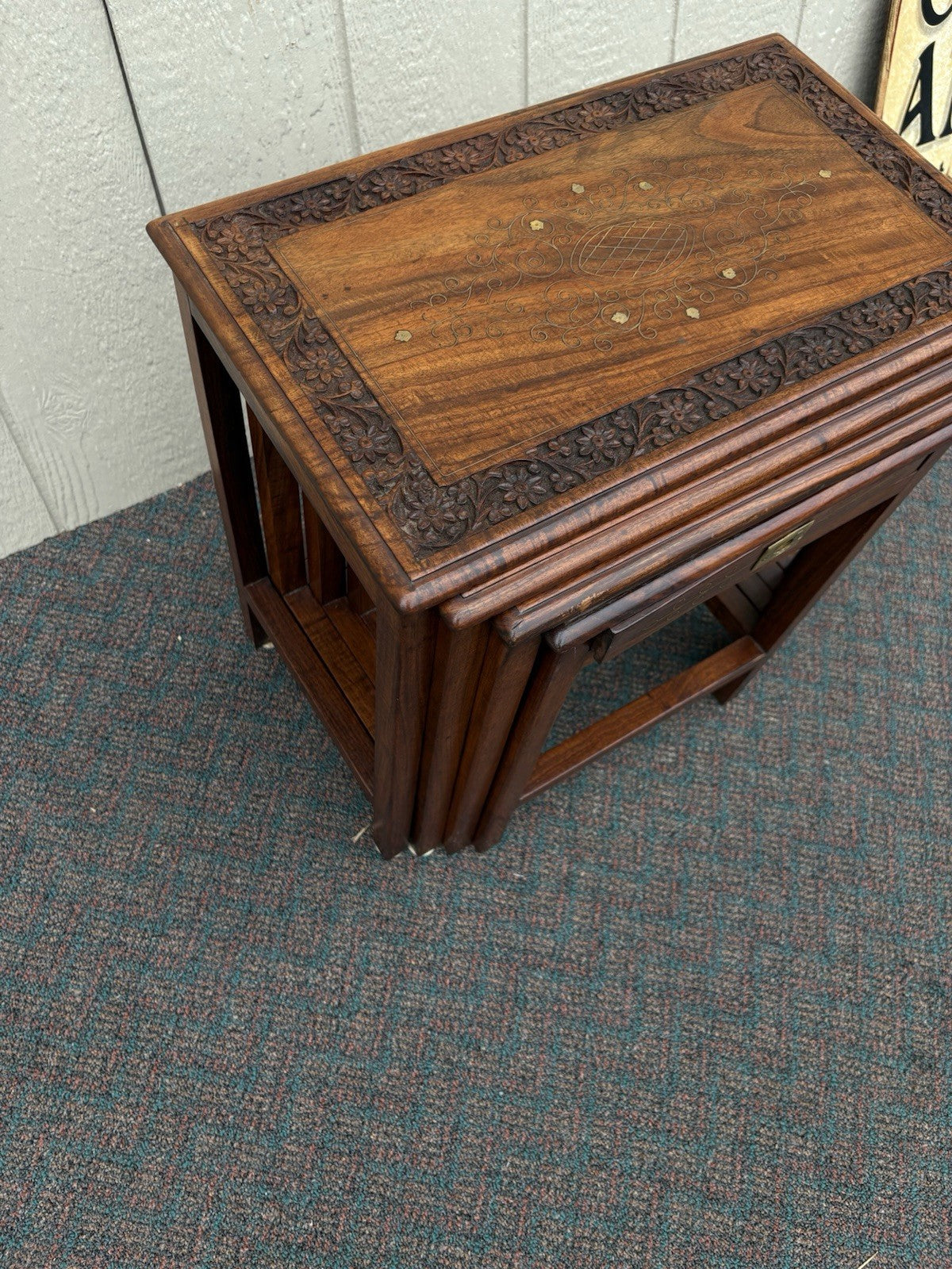 67039 Solid Mahogany Brass Inlaid Set of 4 Oriental Stacking Lamp  Table s