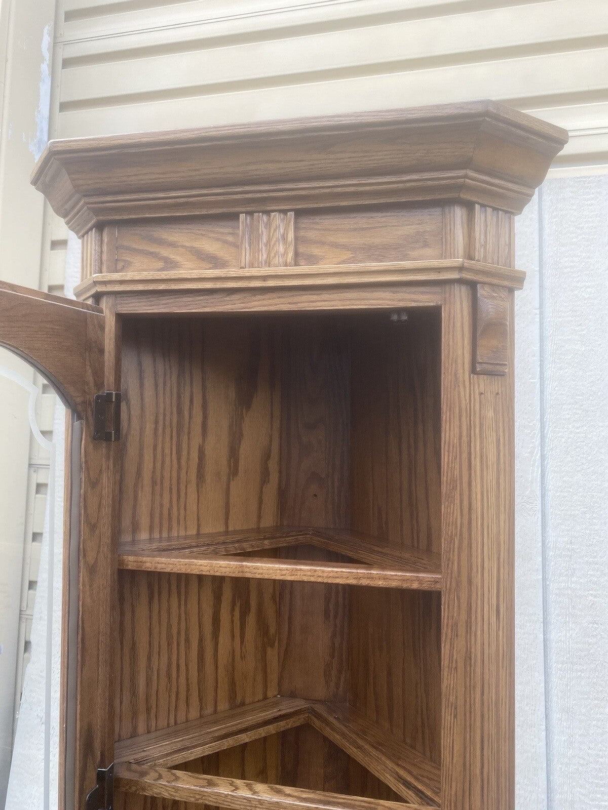 64573 PAIR   Oak Corner Cabinet Curio s With 3 wood and glass shelves each