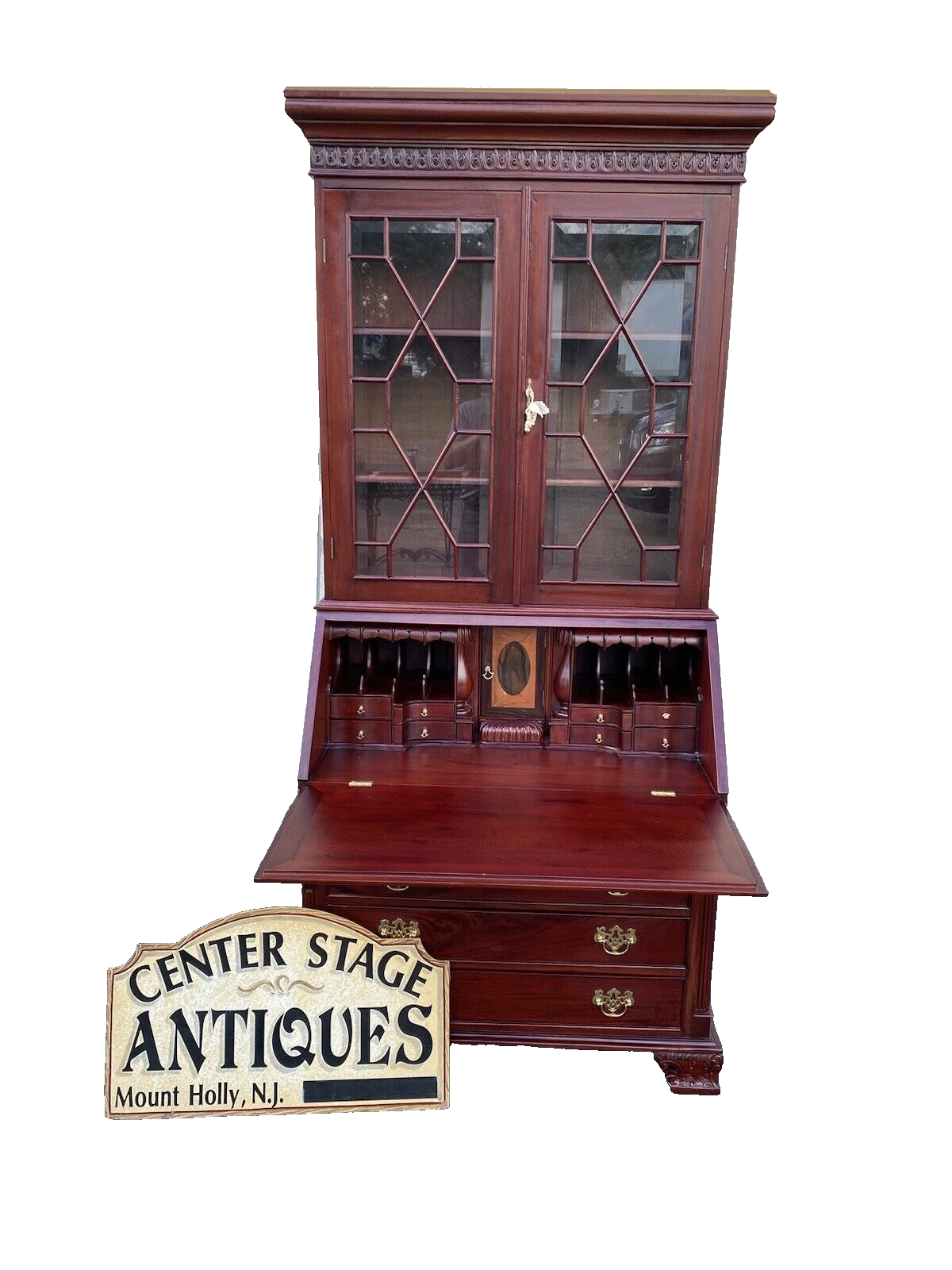 64897    Solid Mahogany 2 Piece Chippendale Secretary Desk w/ 2 Secret Drawers