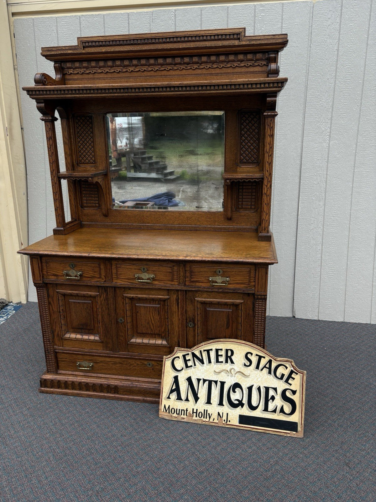 67026 Antique Victorian Oak Sideboard Buffet Cabinet