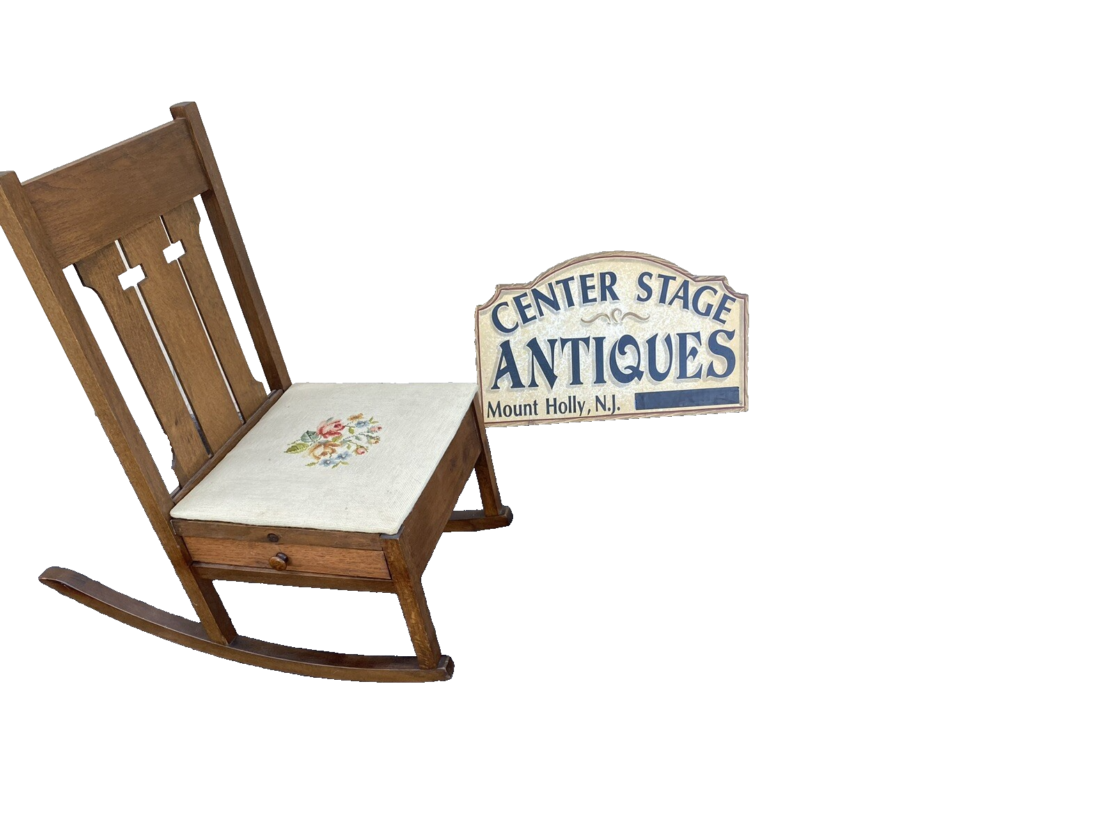 64507    Mission Oak  Rocking Rocker Chair w/ Sewing Drawer + Needlepoint seat