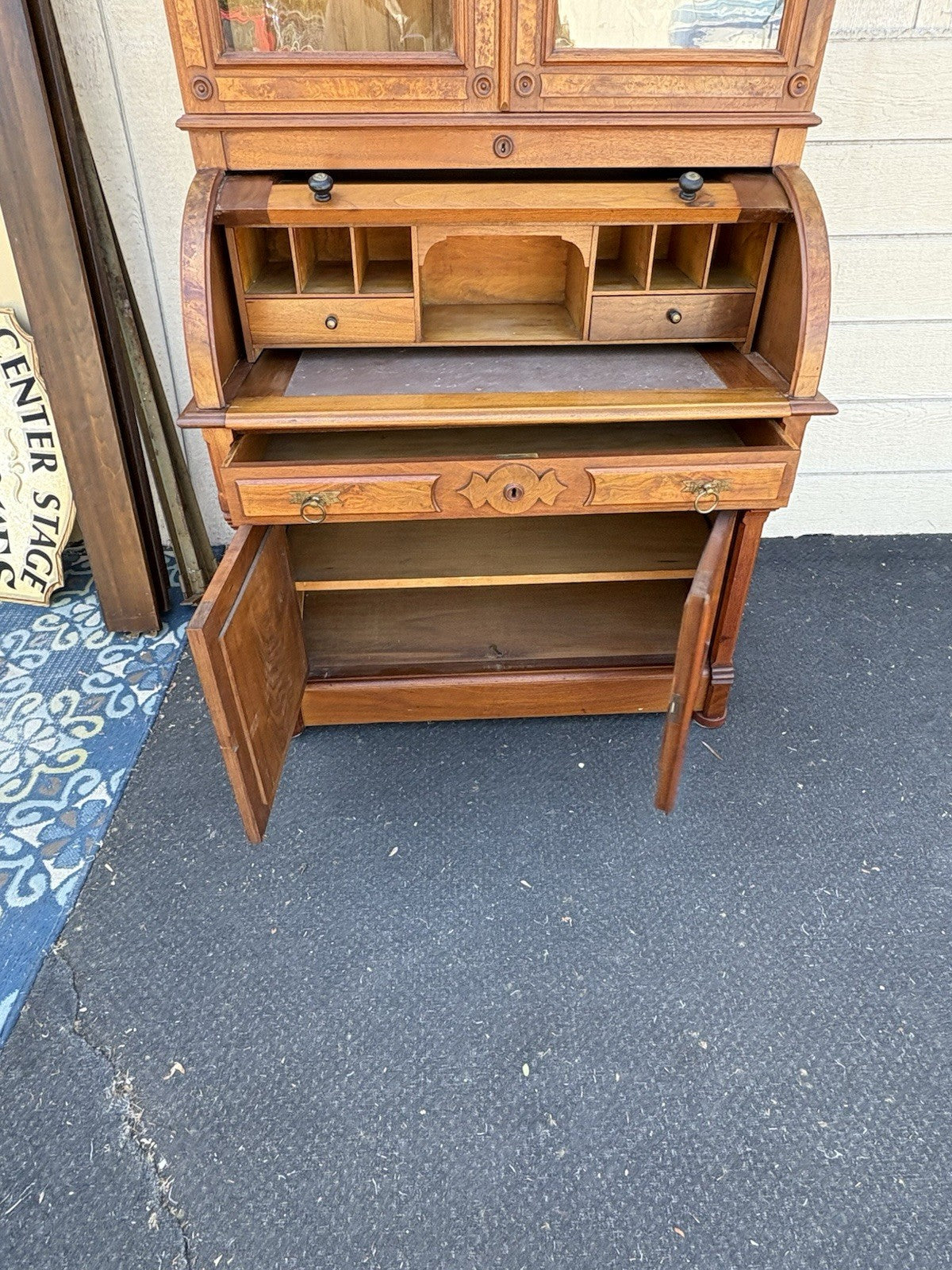 66644 Antique Victorian Walnut Cylinder Desk with Bookcase Top