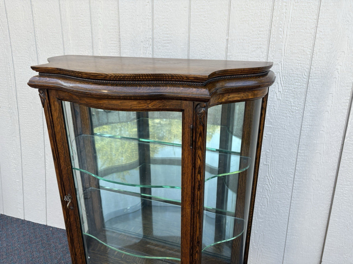 67008 Antique Victorian Oak Serpentine Glass Curio China Cabinet