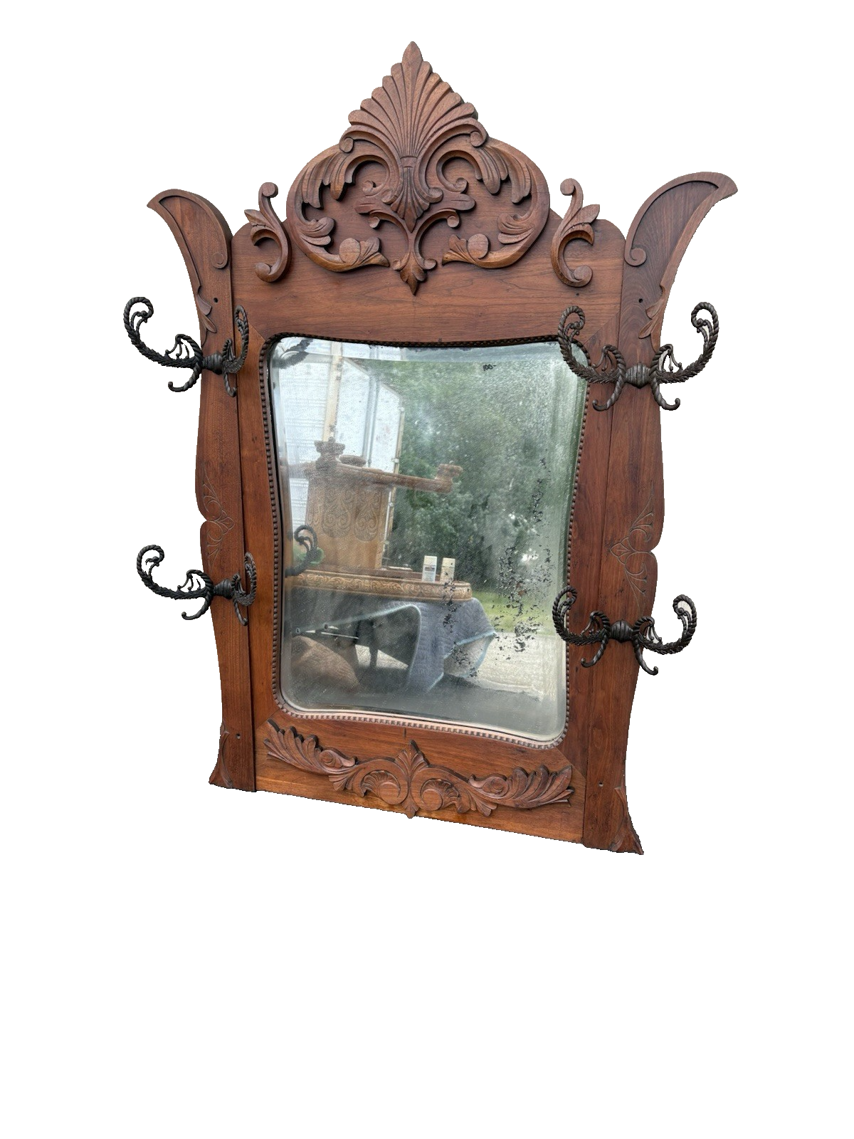 66724 Antique Victorain Mirror with 4 Hooks to hang coats hats Hatrack Coattree