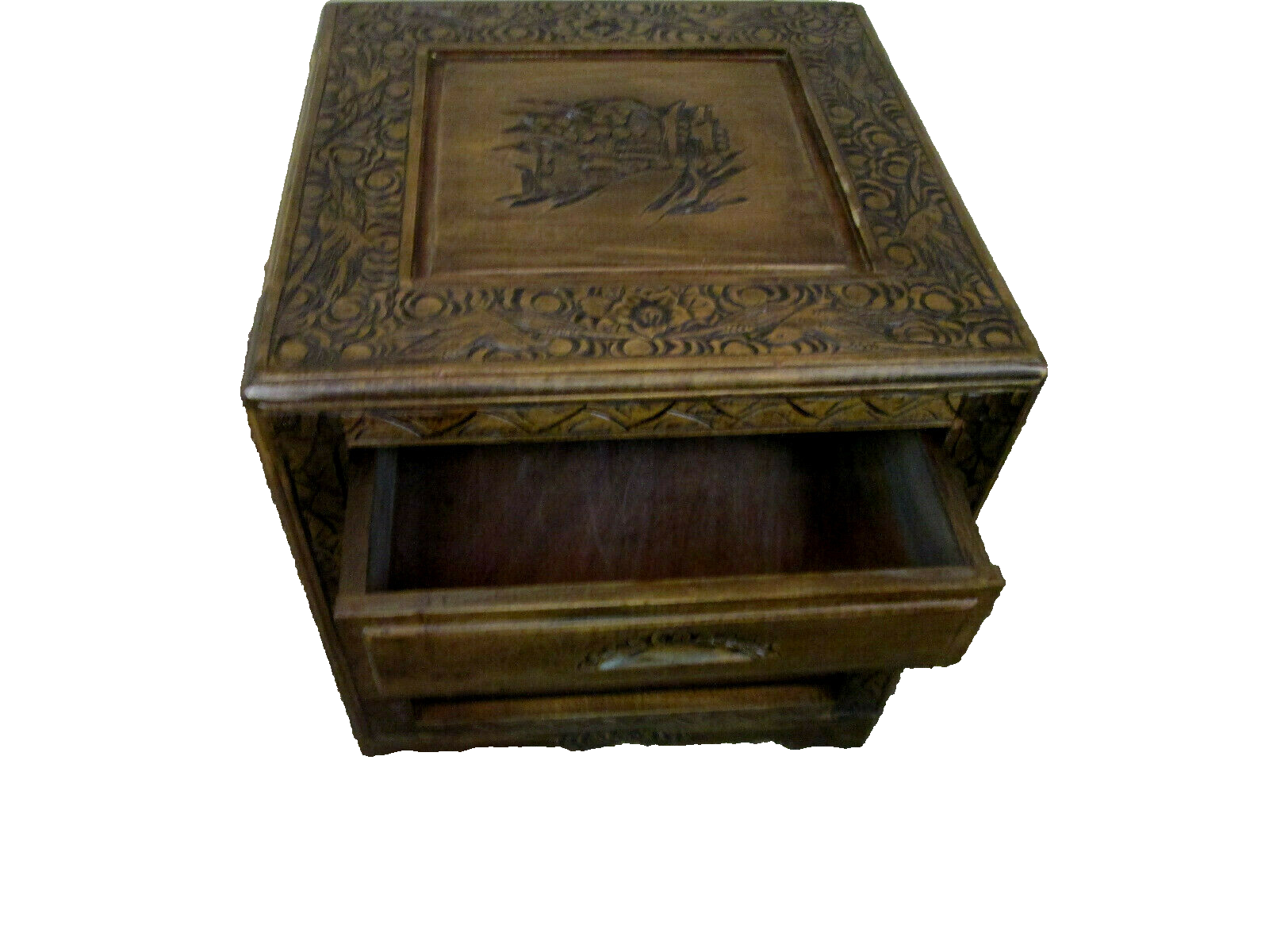54174 CARVED ORIENTAL TABLE WITH DRAWER Bird carvings 